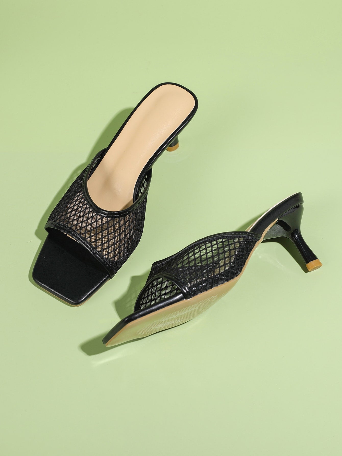 Women Mesh Panel Stiletto Heeled Mule Sandals, Fashion Summer Heeled Sandals