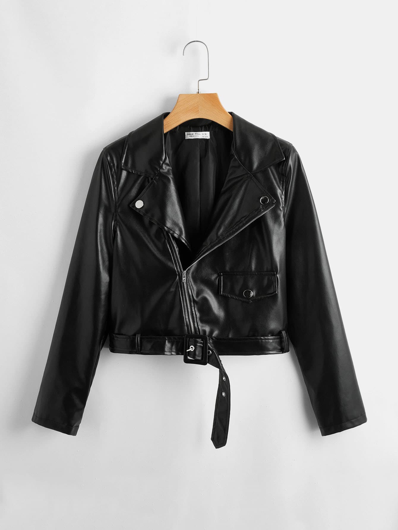 Teen Girls Zip Up Belted PU Leather Moto Jacket