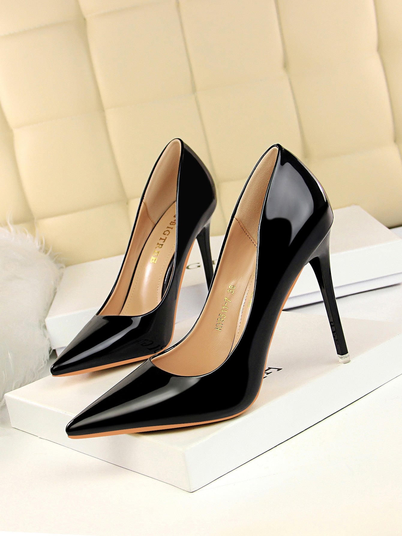 Artificial Patent Leather Point Toe Stiletto Heeled Court Pumps, Bronze Party Solid Color High Heel Shoes