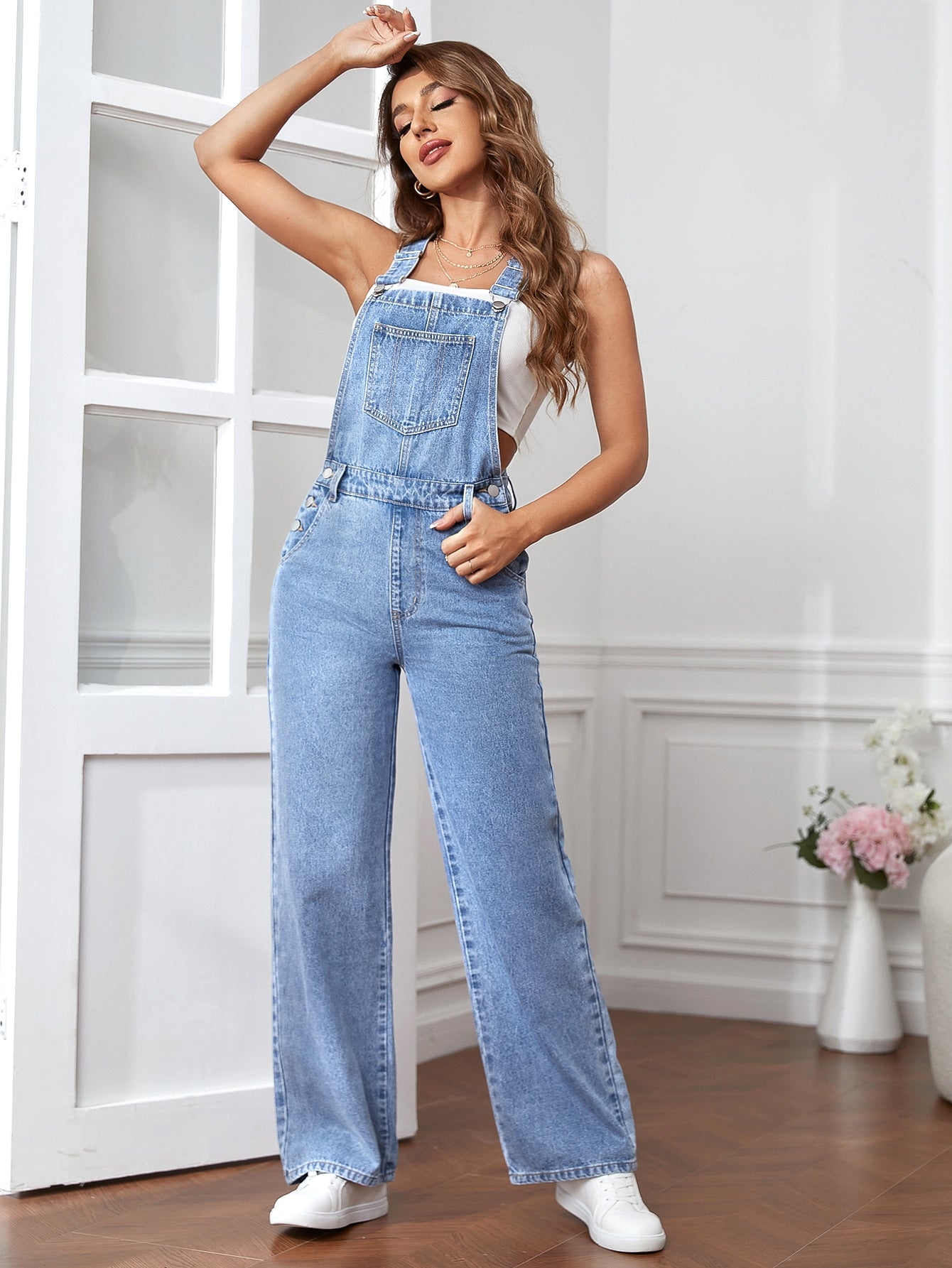 Patched Pocket Denim Overalls Without Camisole