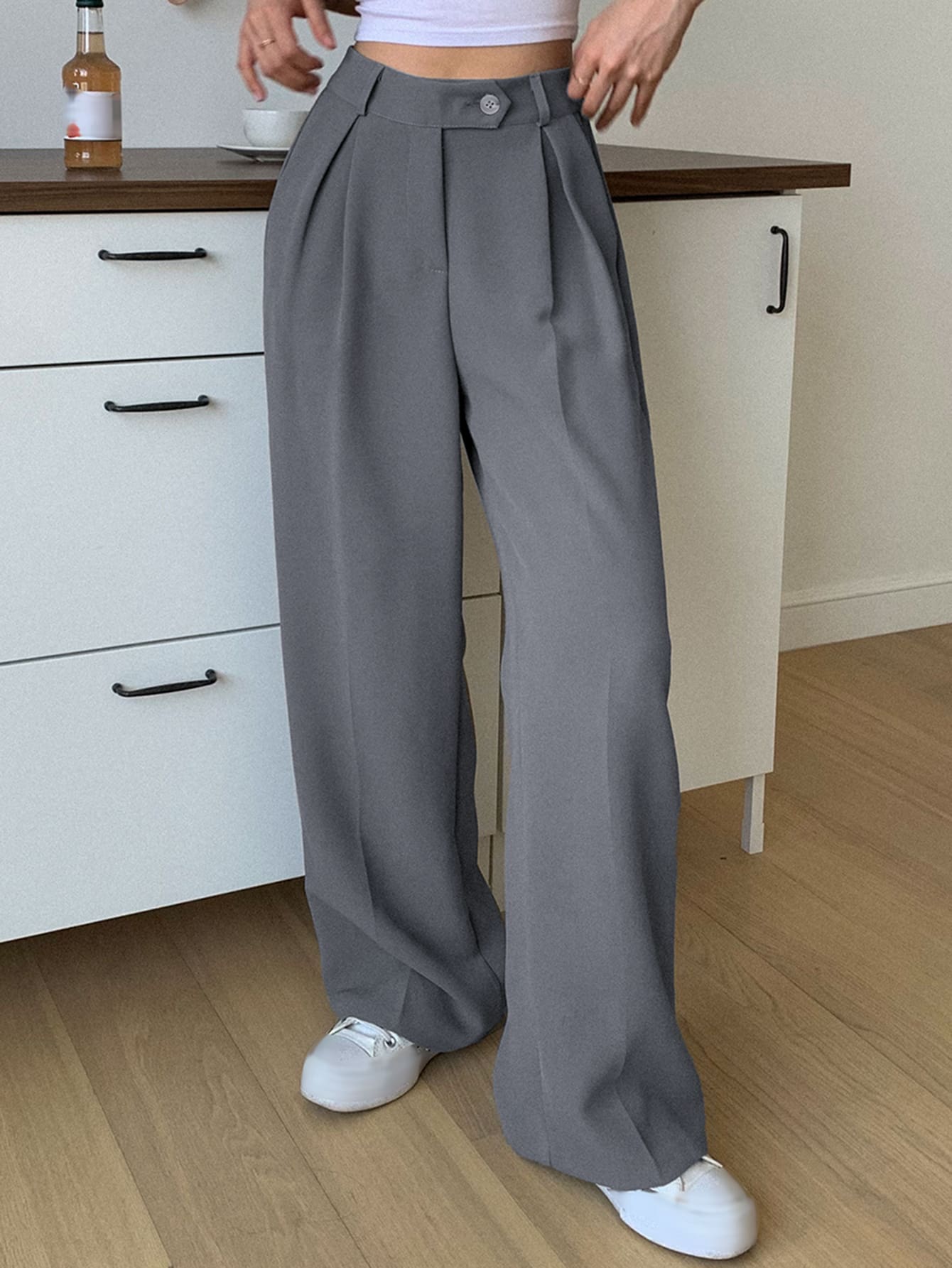 Women's Fold-over Pleated Wide Leg Suit Pants