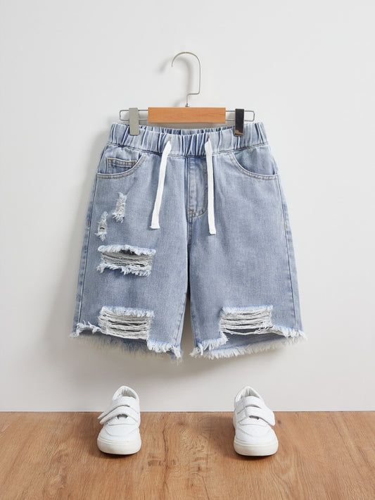 Tween Boy Drawstring Waist Ripped Raw Hem Bermuda Denim Shorts