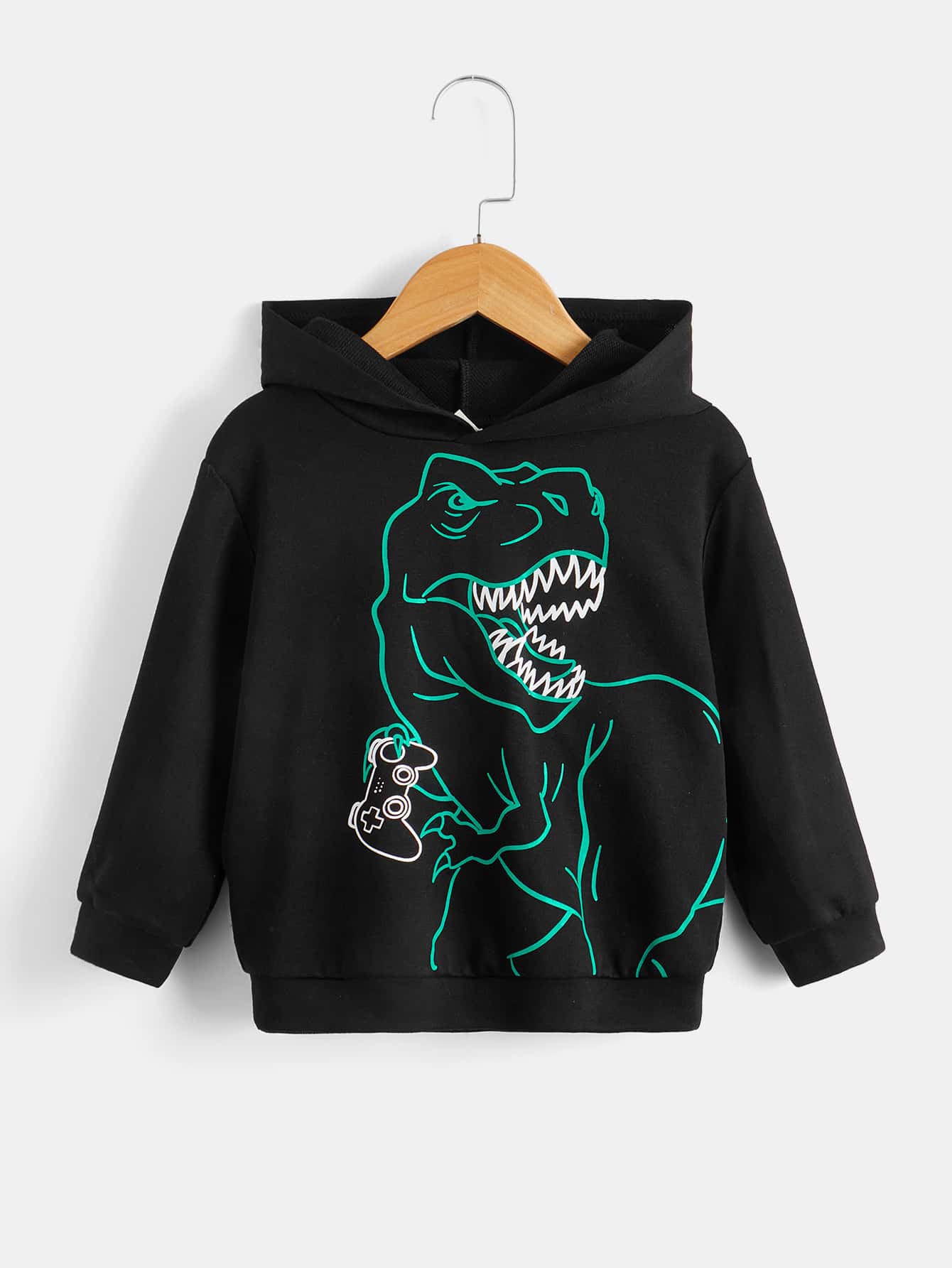 Young Boy Casual Dinosaur Printed Hoodie With Game Controller, Sports Style