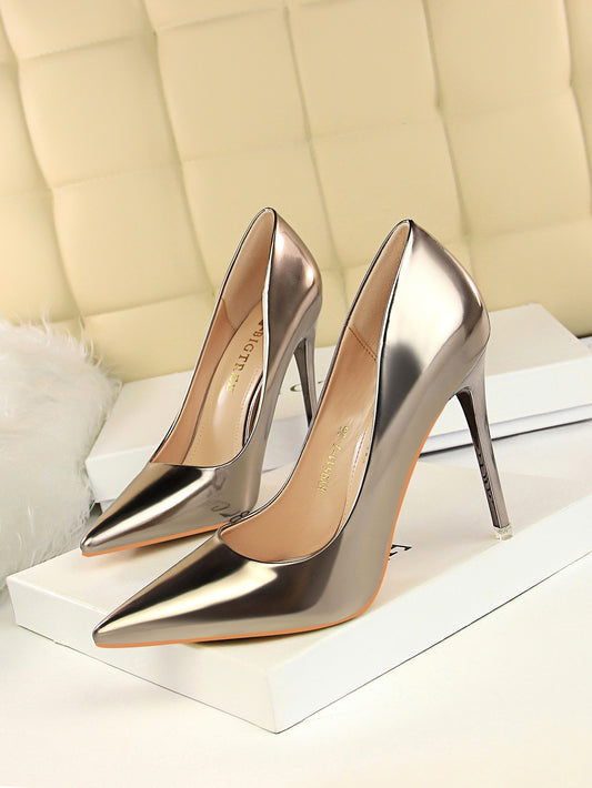 Artificial Patent Leather Point Toe Stiletto Heeled Court Pumps, Bronze Party Solid Color High Heel Shoes