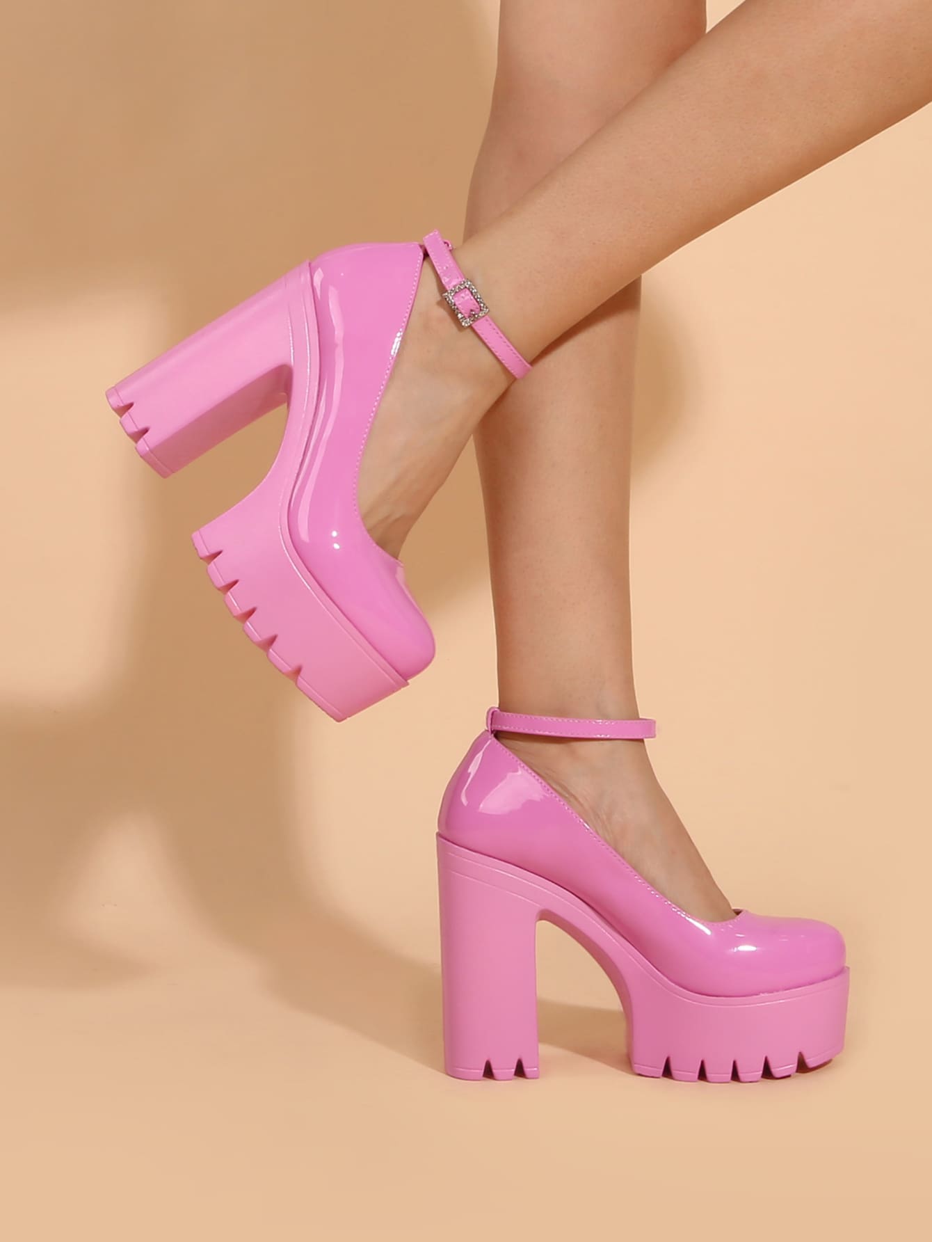 Women Pink Chunky Heeled Ankle Strap Pumps, Fashionable Round Toe Pumps