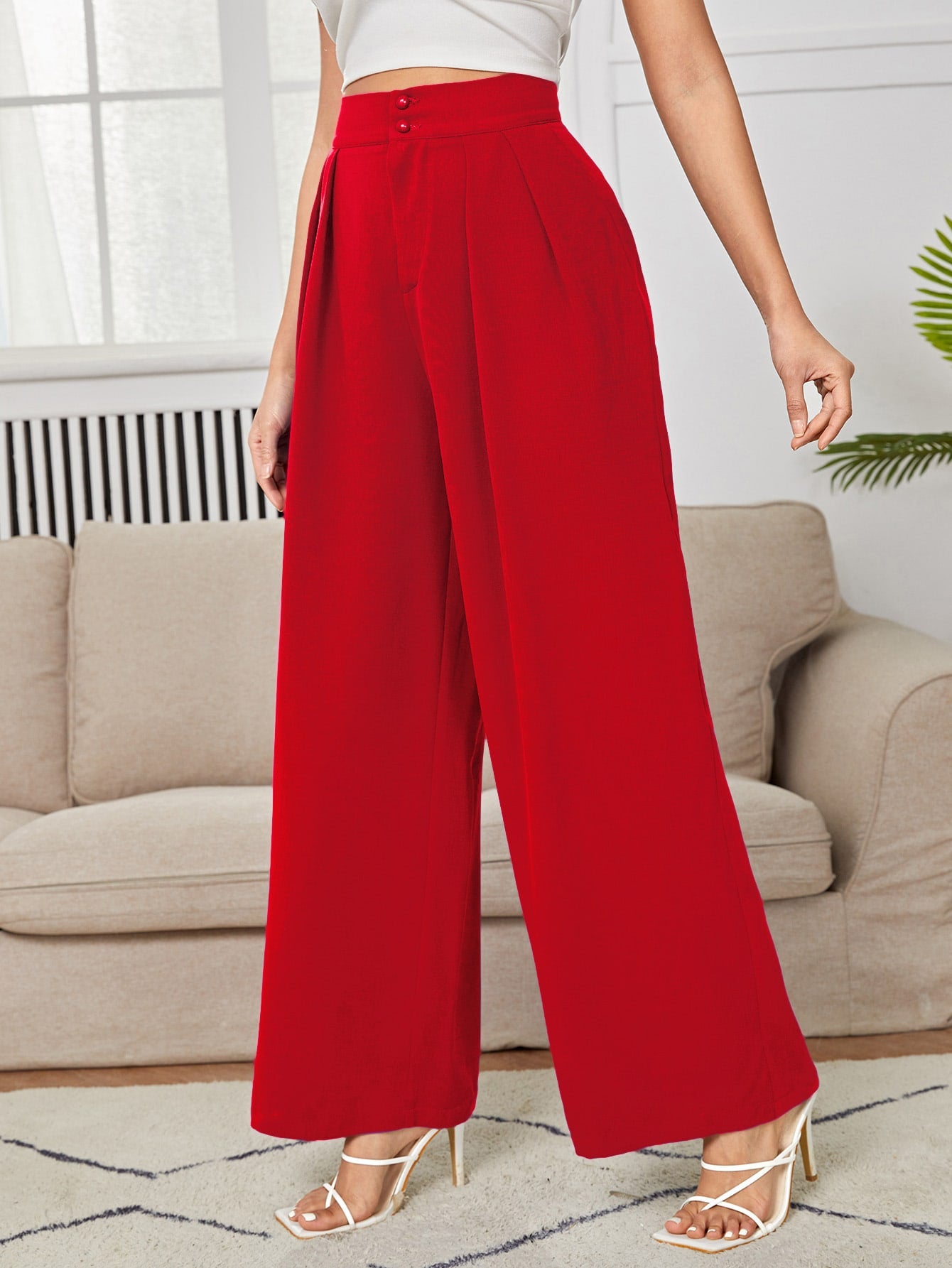 High Waist Plicated Wide Leg Black Dress Pants