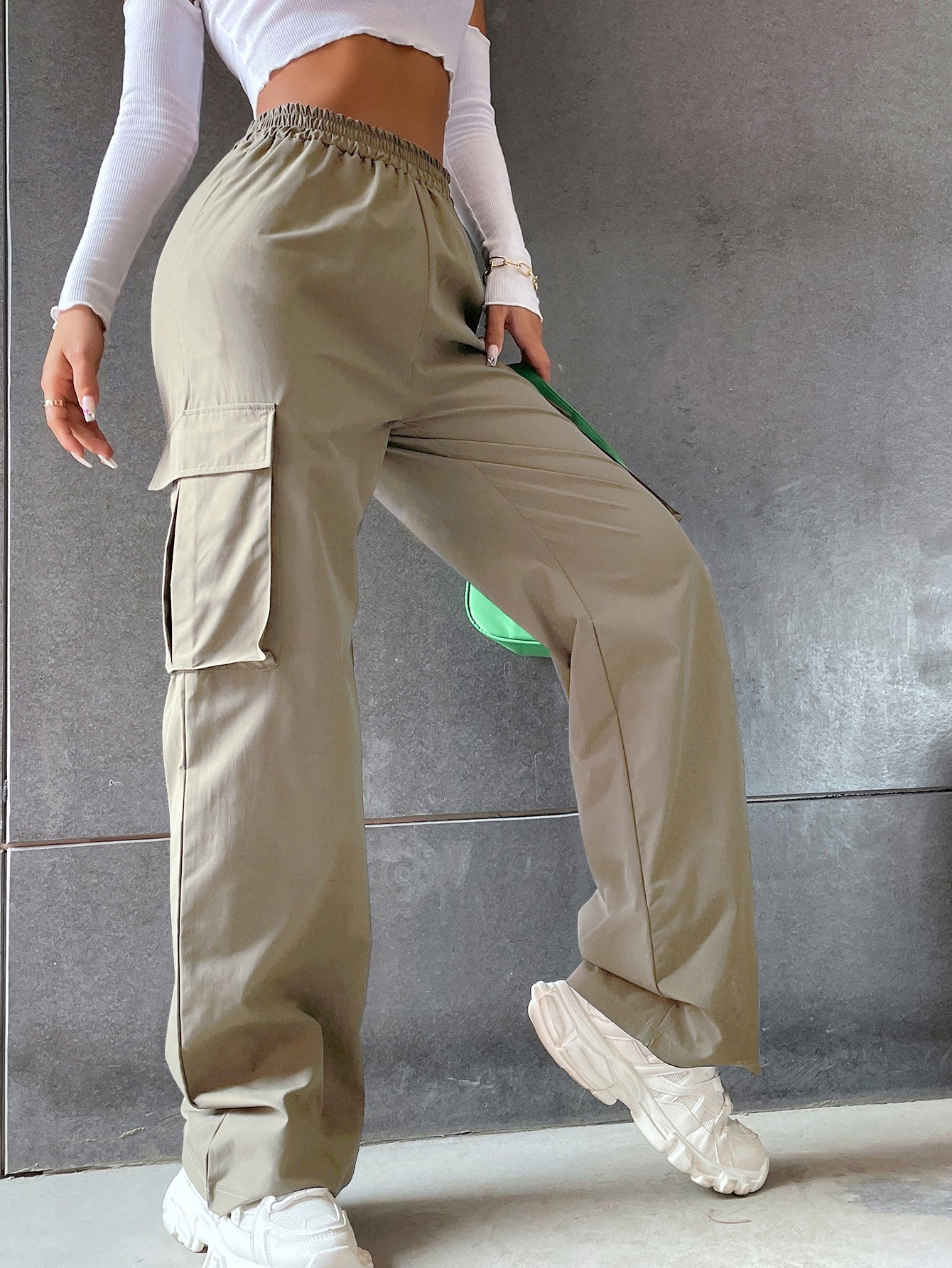 Solid High Waist Flap Pocket Cargo Pants