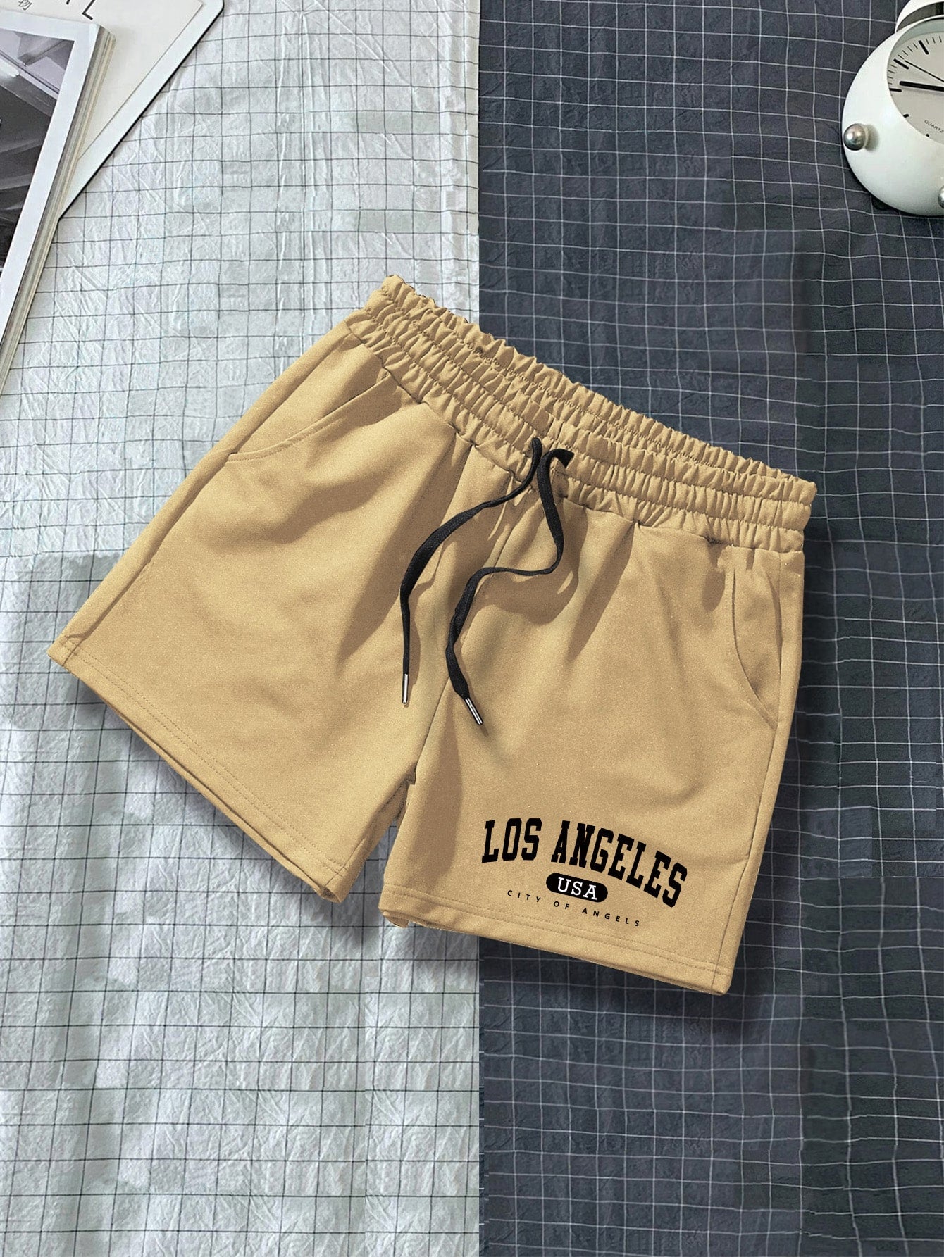 Men Letter Graphic Drawstring Waist Shorts Sweat Los Angeles Workout Dad And Me