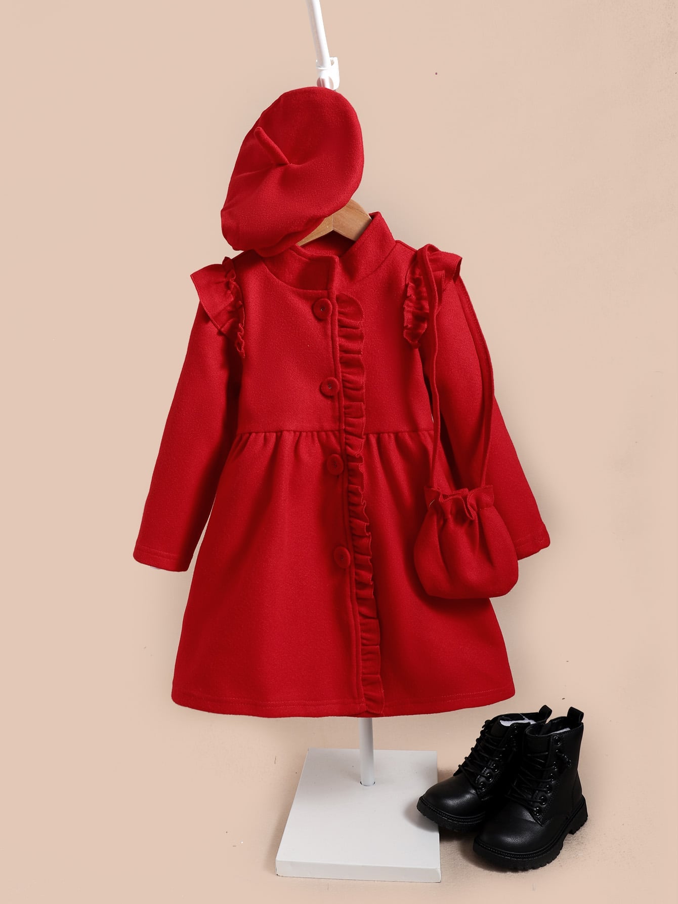 Young Girl Ruffle Trim Tweed Overcoat & Bag & Hat