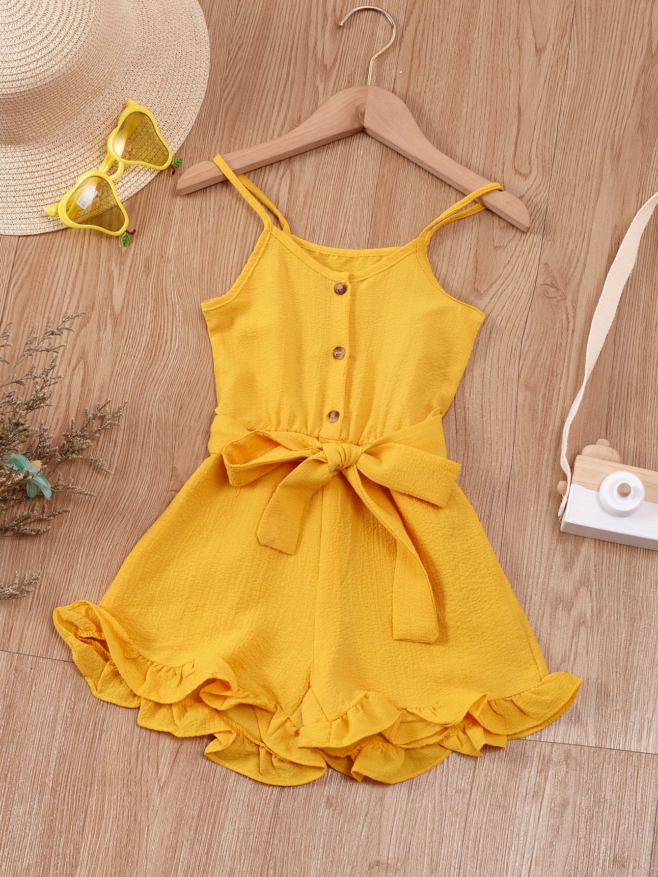 Young Girl Ruffle Hem Belted Cami Romper