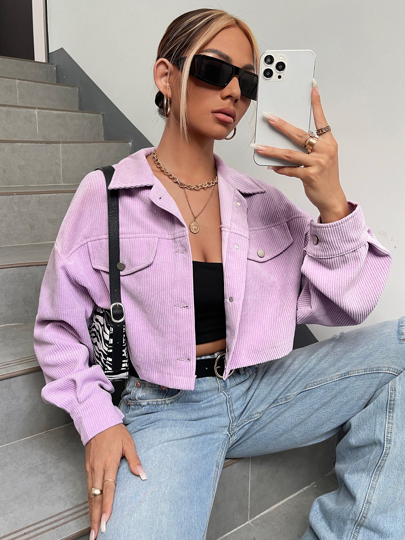 Spring Outfits Drop Shoulder Flap Detail Crop Corduroy Jacket