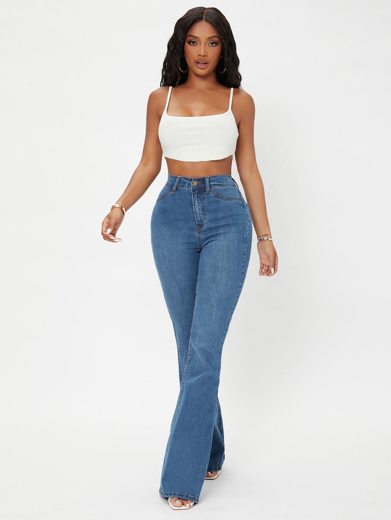 White Casual Curvy High Waist Flare Leg Jeans