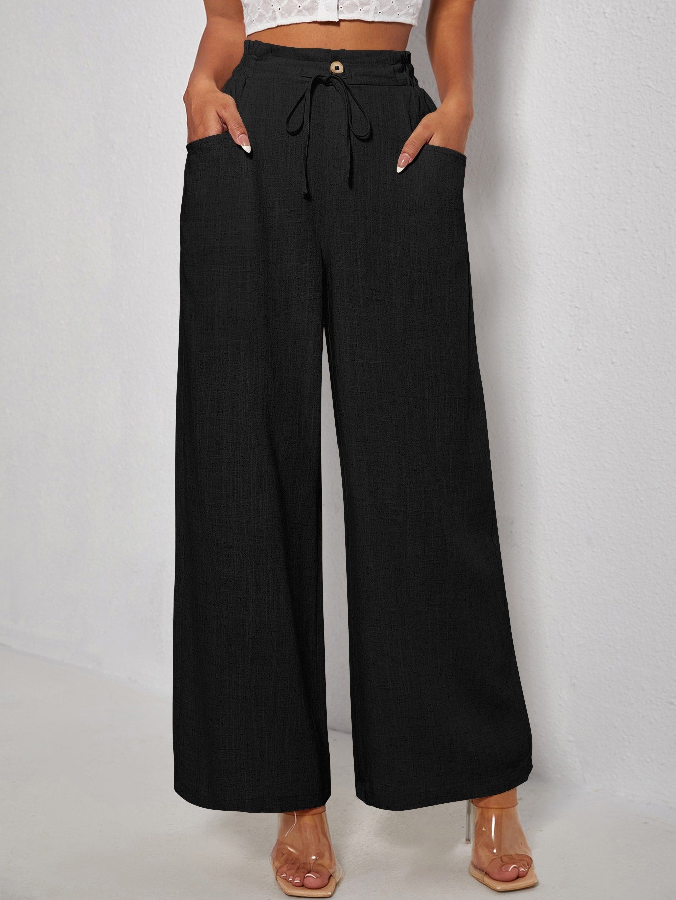 Paperbag Waist Drawstring Wide Leg Pants