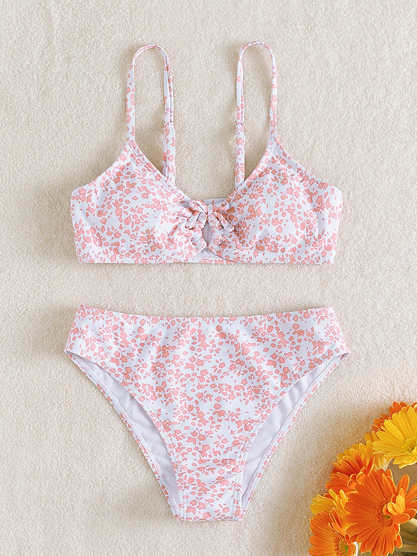 2pcs/Set Teen Girl Fleck Printed & Hollow Out Detail Bikini Set Summer Beach