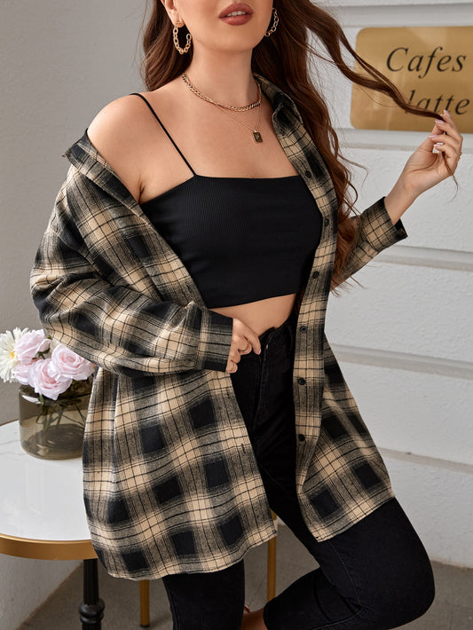 Plus Plaid Button Up Drop Shoulder Shirt