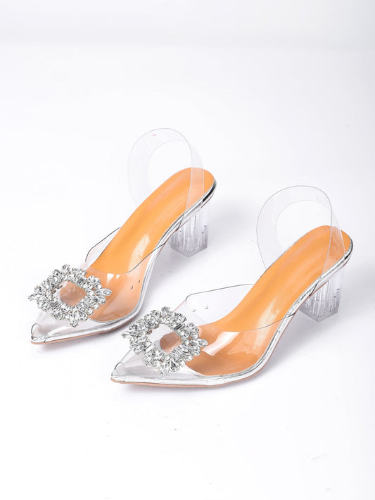 Women Rhinestone Decor Peep Toe Clear Band Chunky Heeled Pumps, Fashionable Party Slingback Sandals