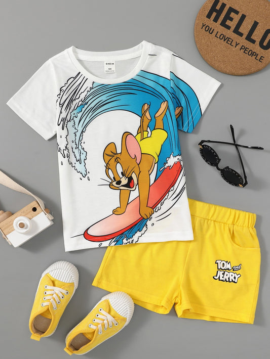 Young Boy Cartoon Graphic Tee With Track Shorts