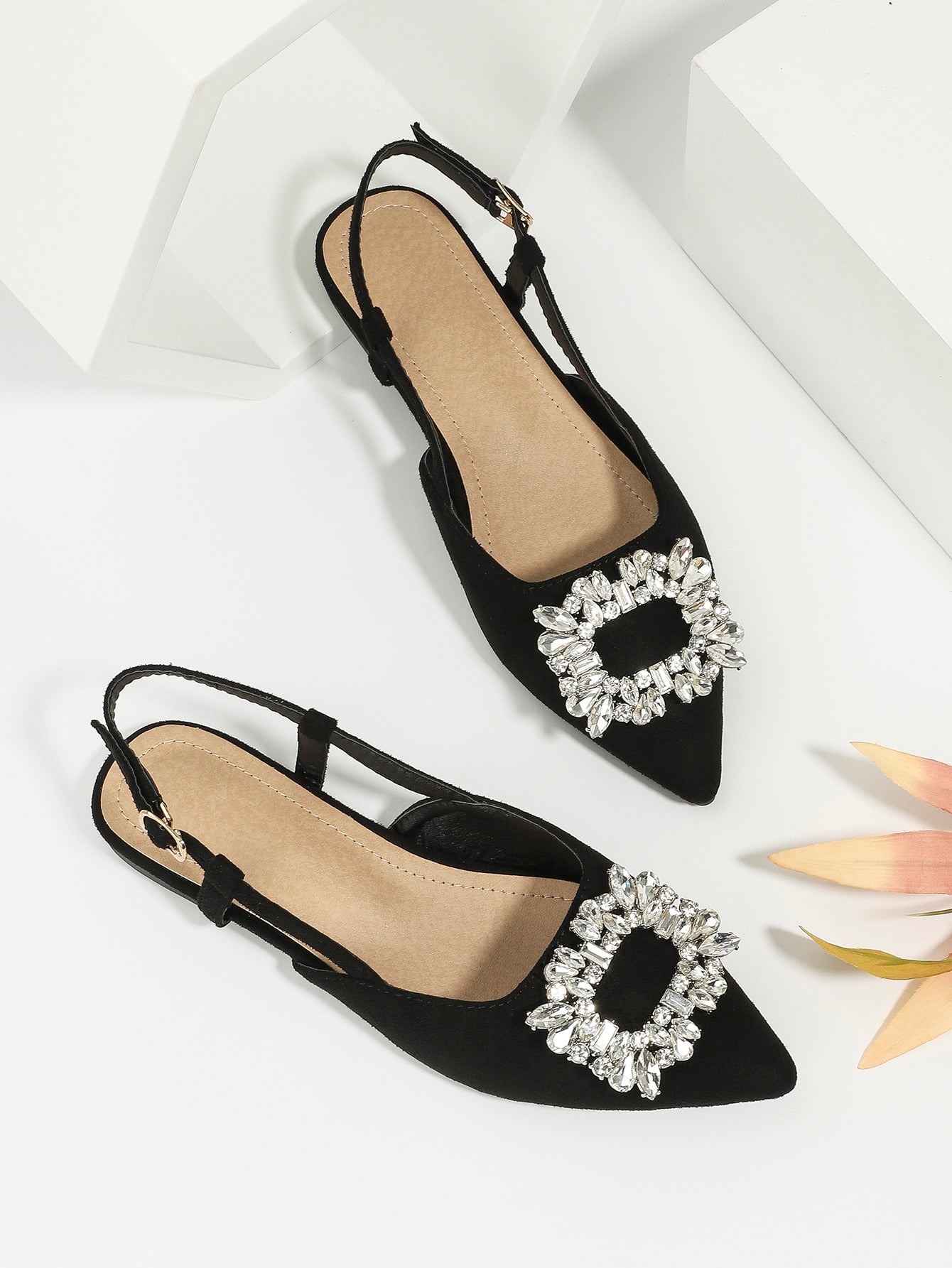 Fashionable Flat Backless Loafers With Pointed Toe & Diamond Decoration For Women