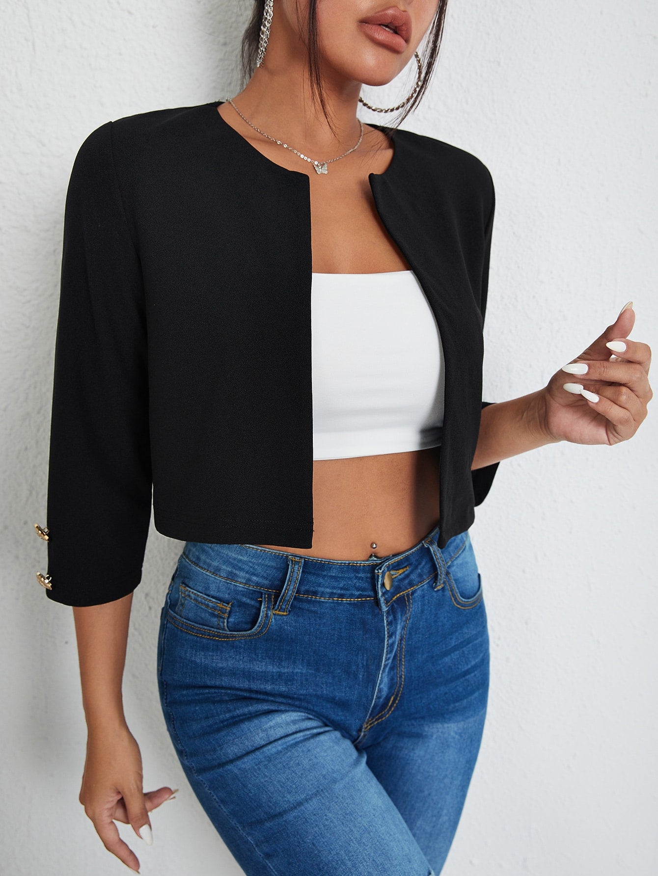 1pc Solid Open Front Crop Jacket