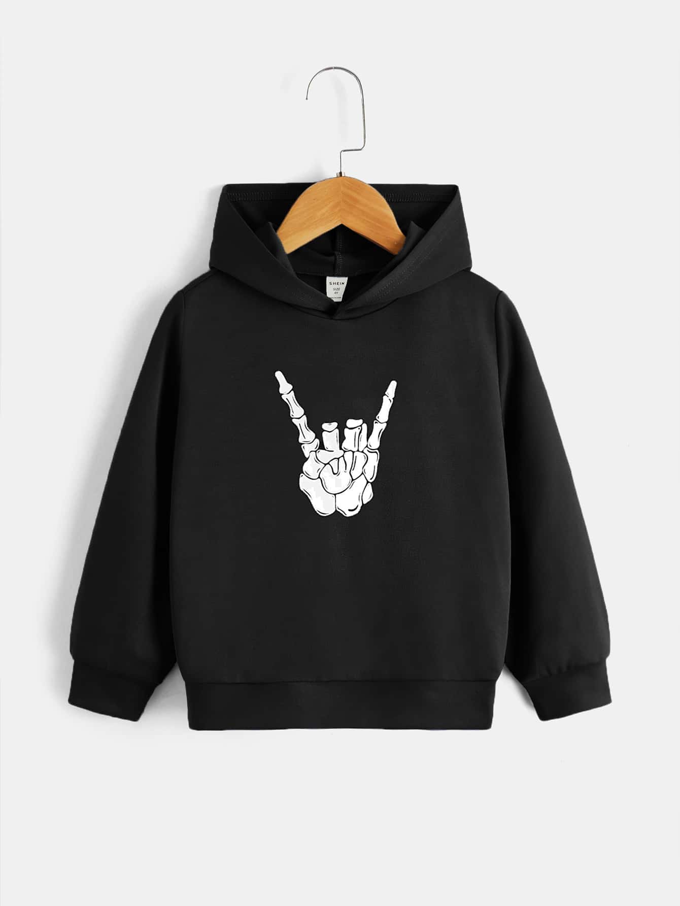 Young Boy Hooded Sweatshirt With Skull Design, Long Sleeve, Regular Fit, Suitable For Daily Casual Wear In Autumn And Winter