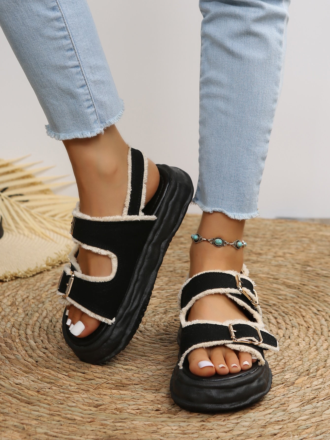 Fashionable Women's Slipper Sandals, Light Blue Beach Double Buckle Flat Shoes