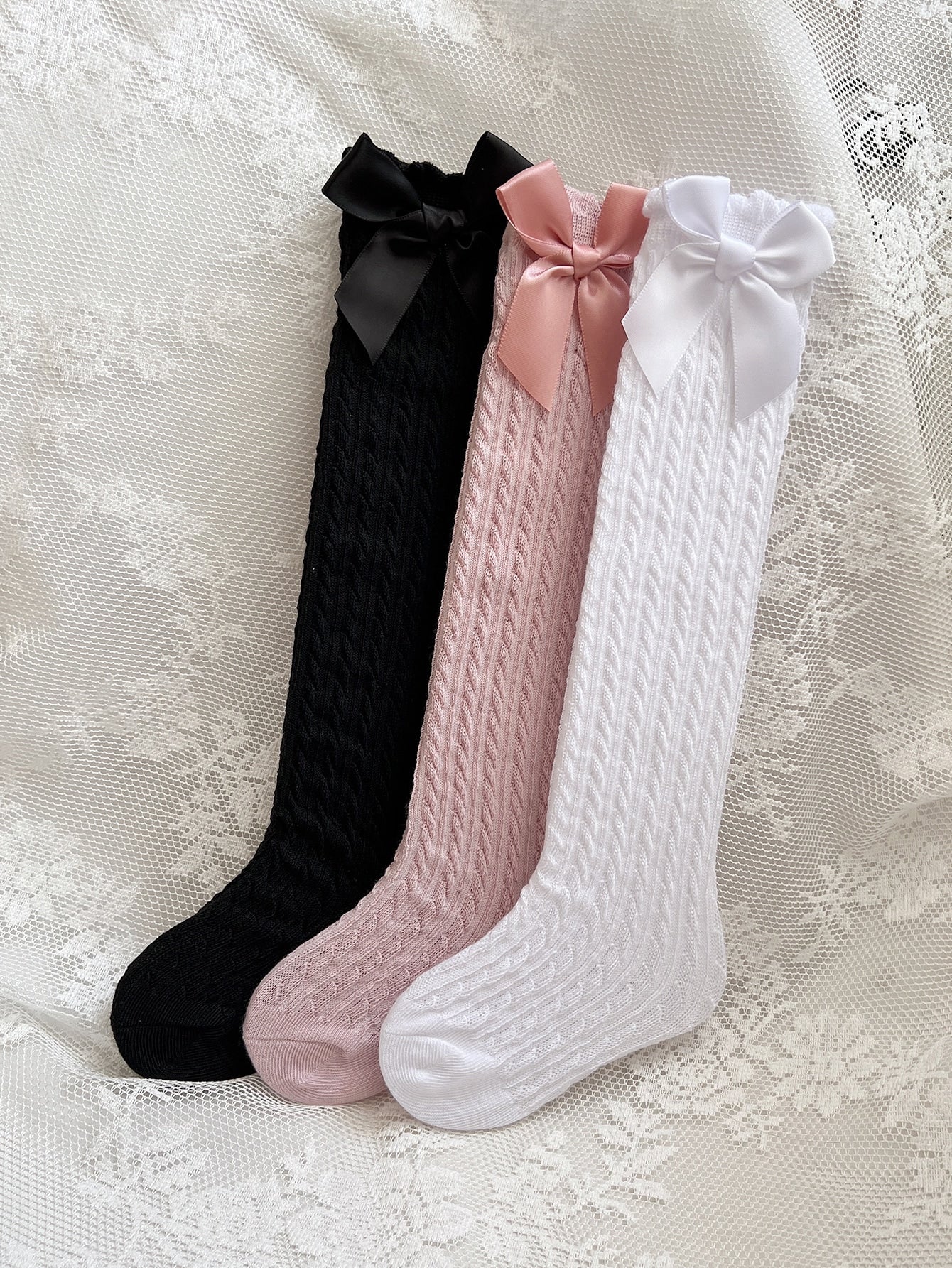 3pairs Girls' White Bowknot Straight Tube Knee High Socks, Sweet And Versatile For Daily Wear