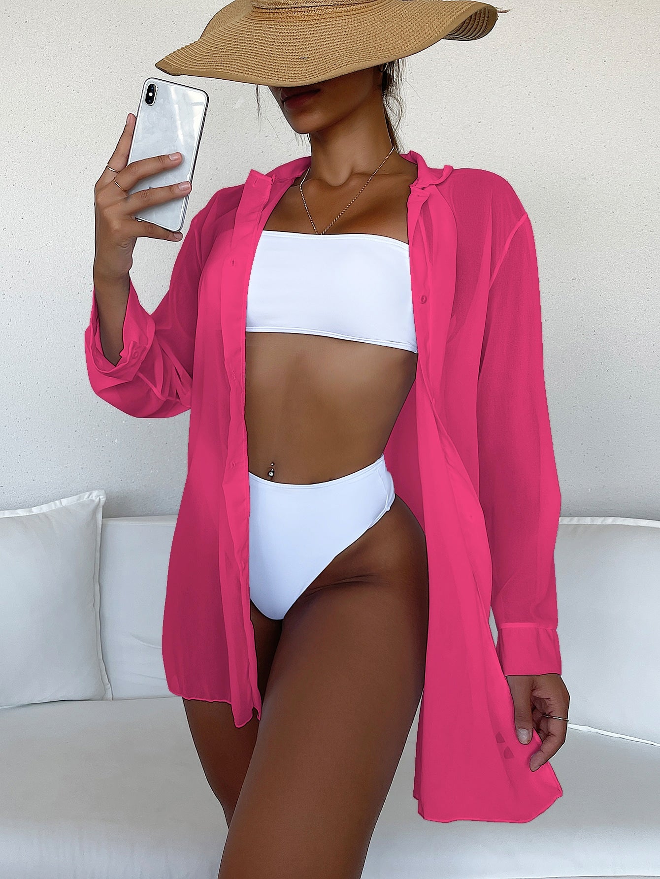 Swim Basics Summer Beach Plain Open Front Kimono