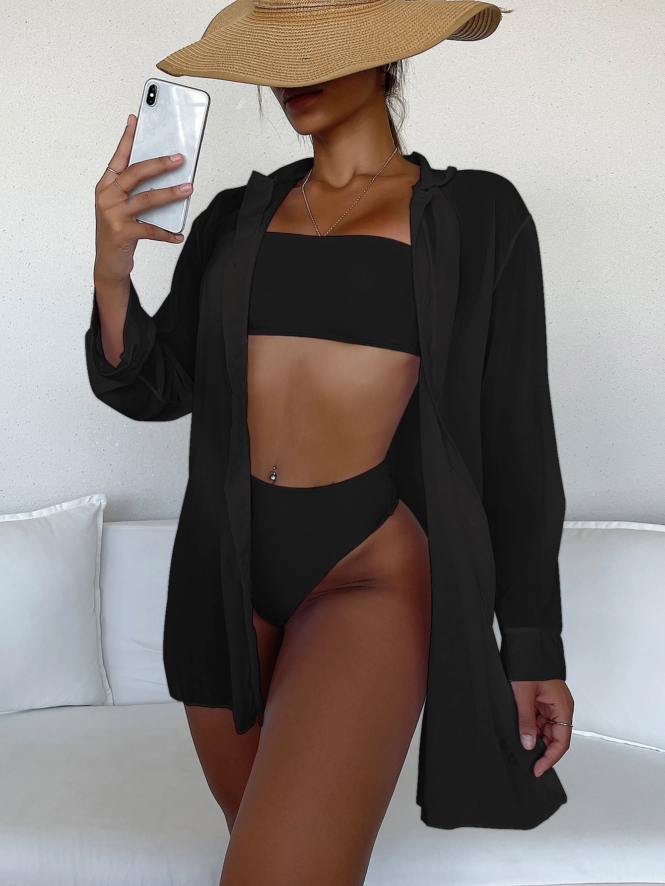 Swim Summer Beach Cut-Out Button Front Kimono