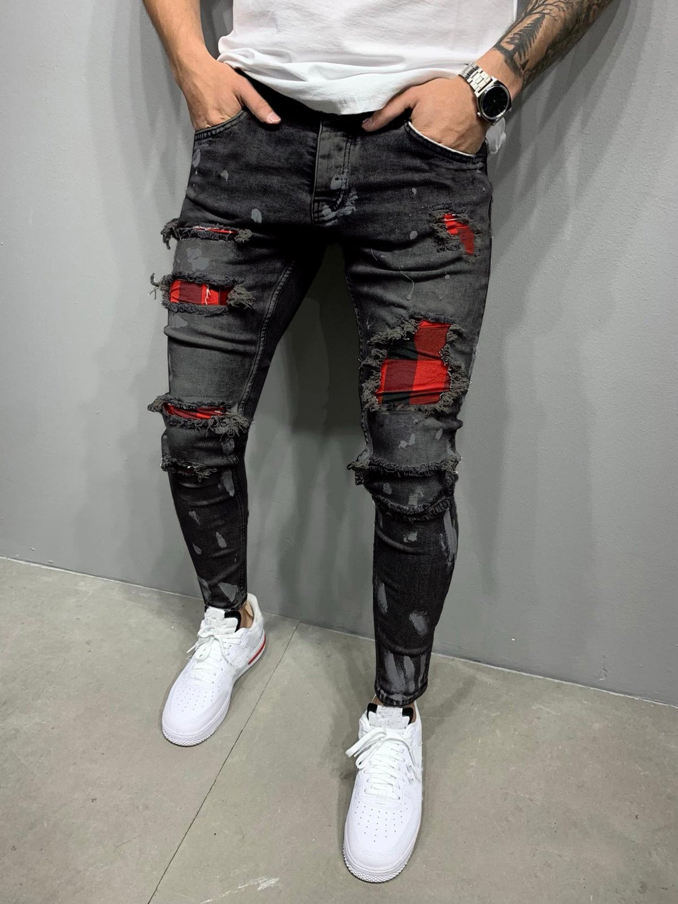 Punk Men Cotton Plaid Spliced Ripped Jeans