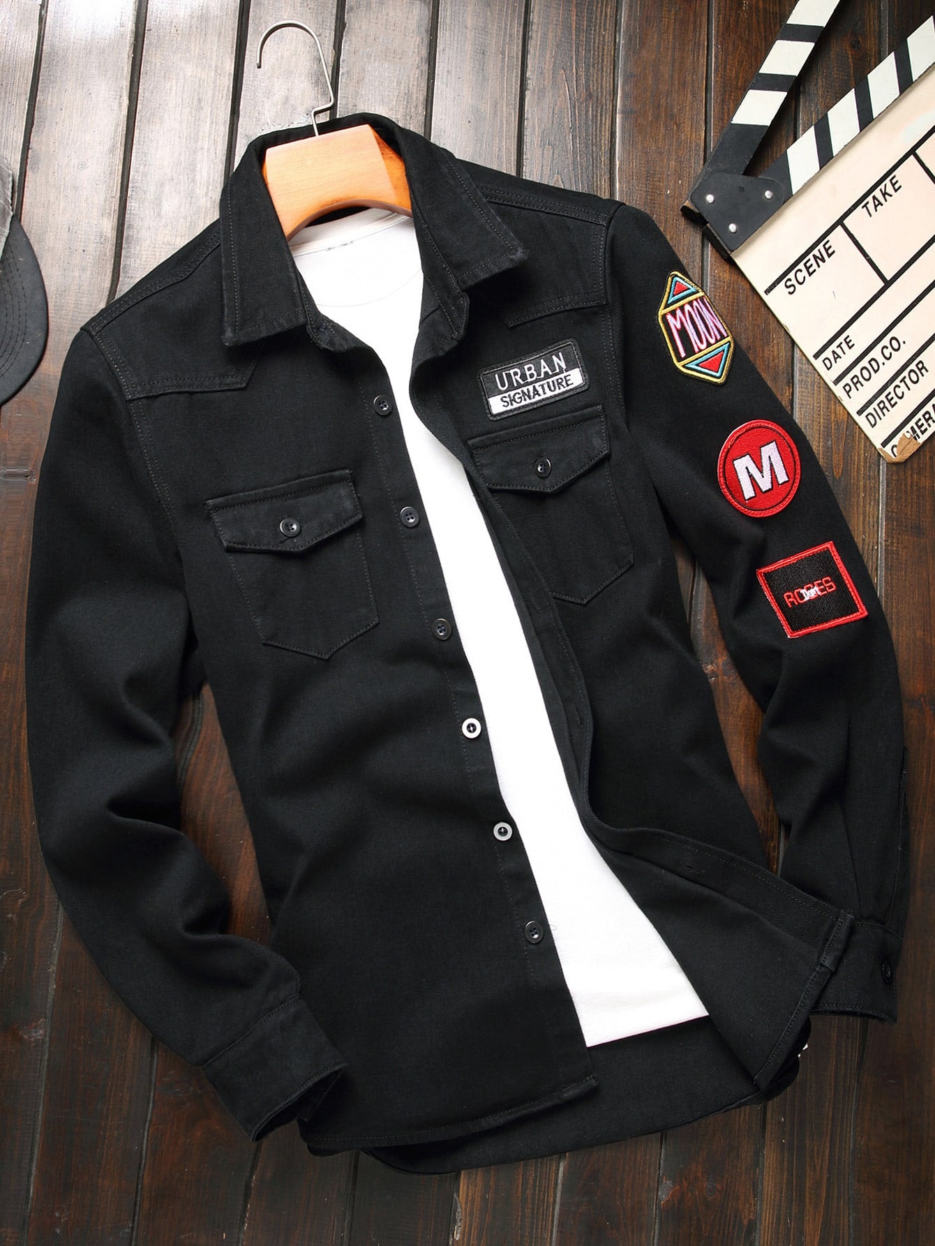 Men Cotton 1Pc Letter Patched Detail Flap Pocket Oversize Long Sleeve Button Up Plain Black Work Denim Shirt