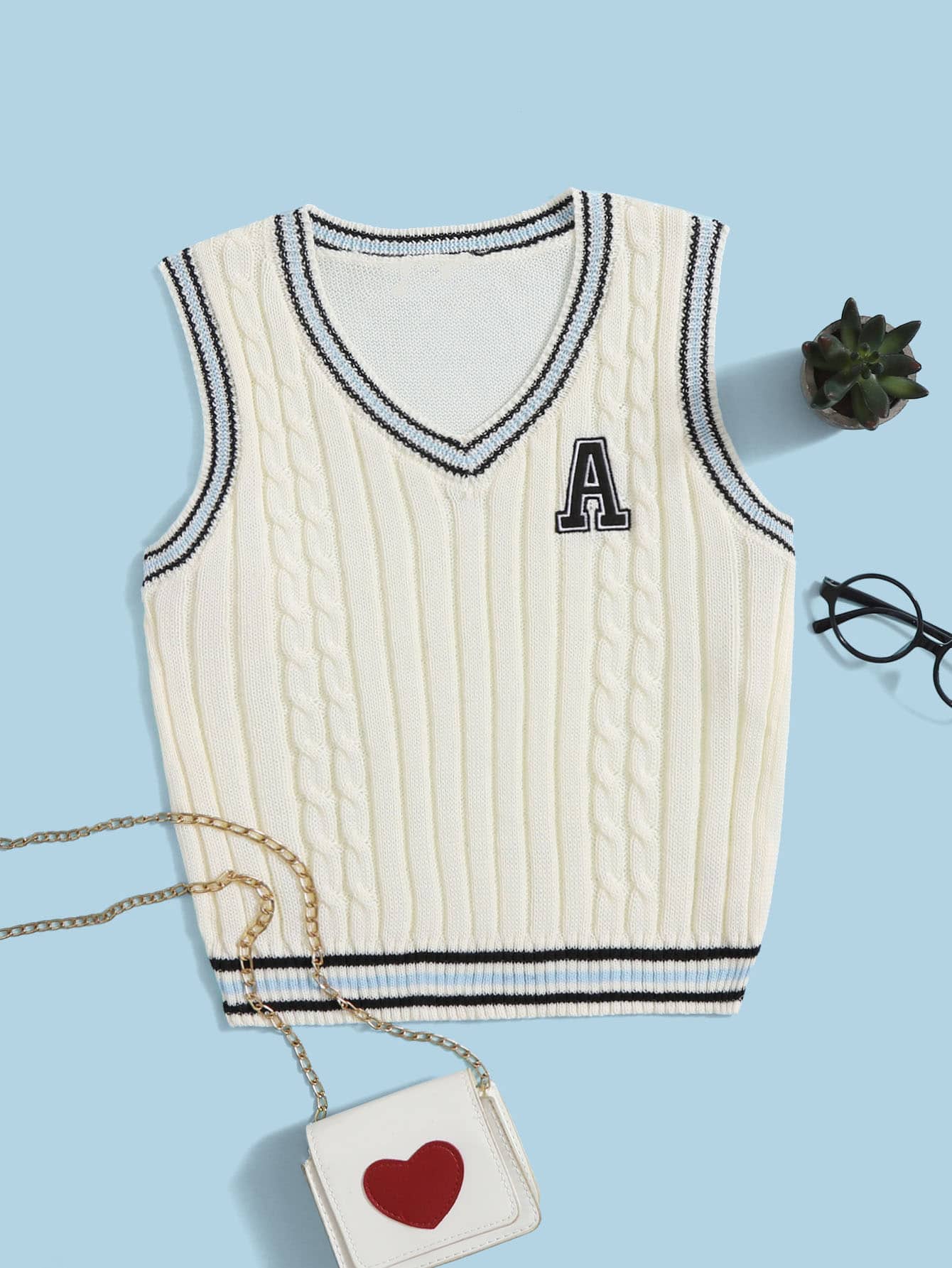 Teen Girls Letter Embroidery Cable Knit Sweater Vest