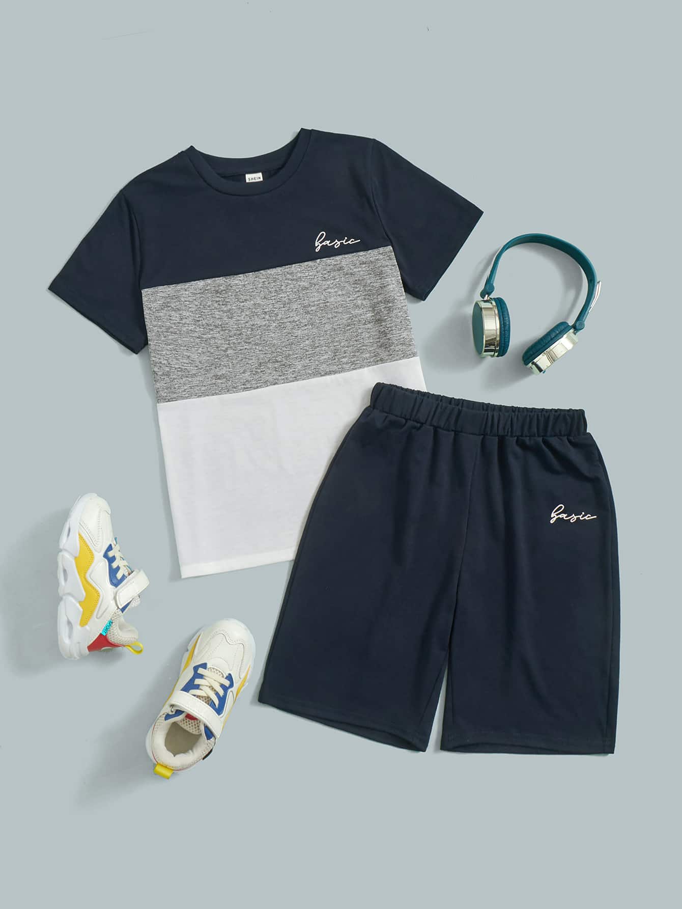 Tween Boy Letter Graphic Colorblock Tee And Track Shorts Set