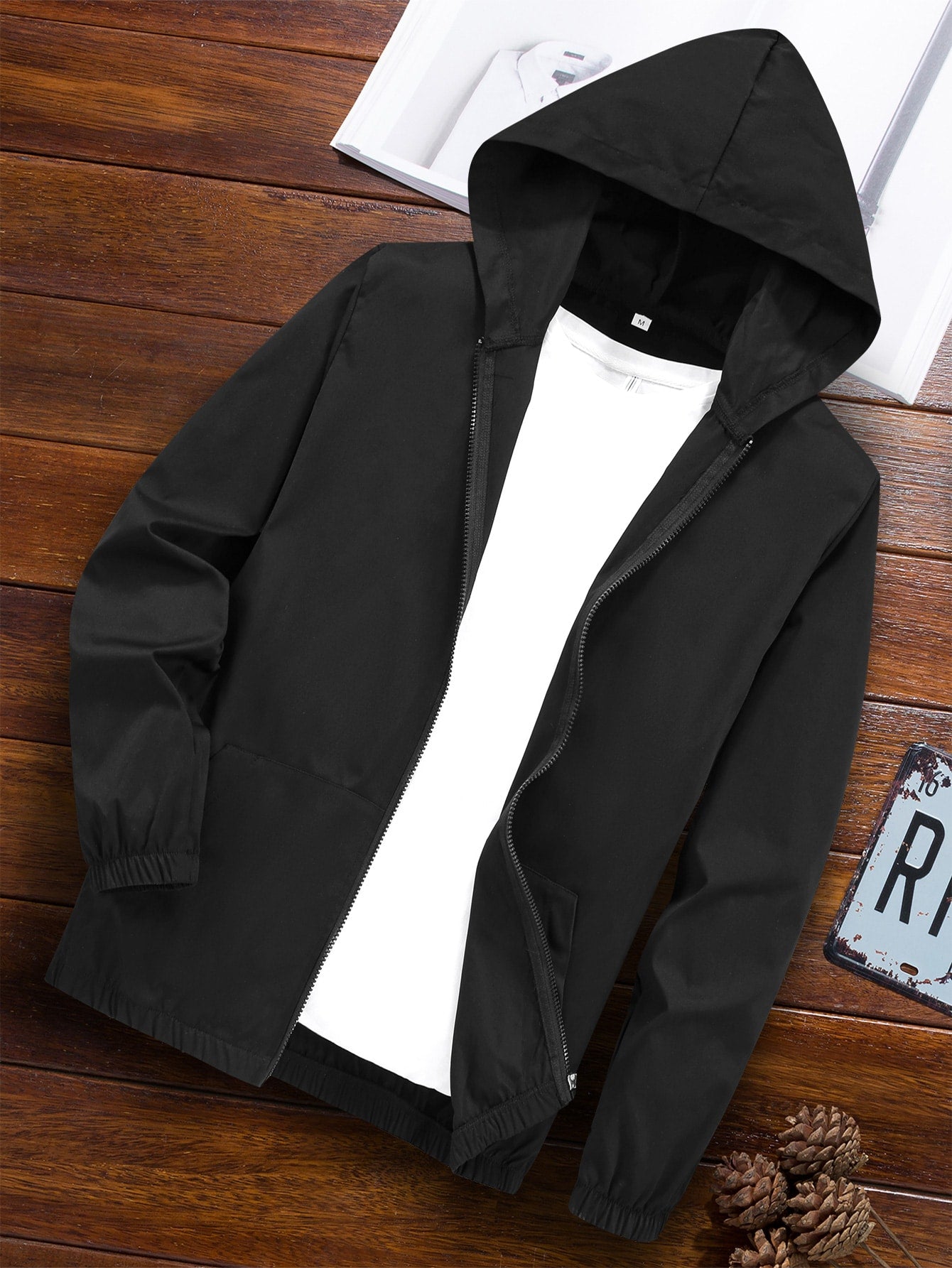 Men Slant Pockets Hooded Jacket Without Tee