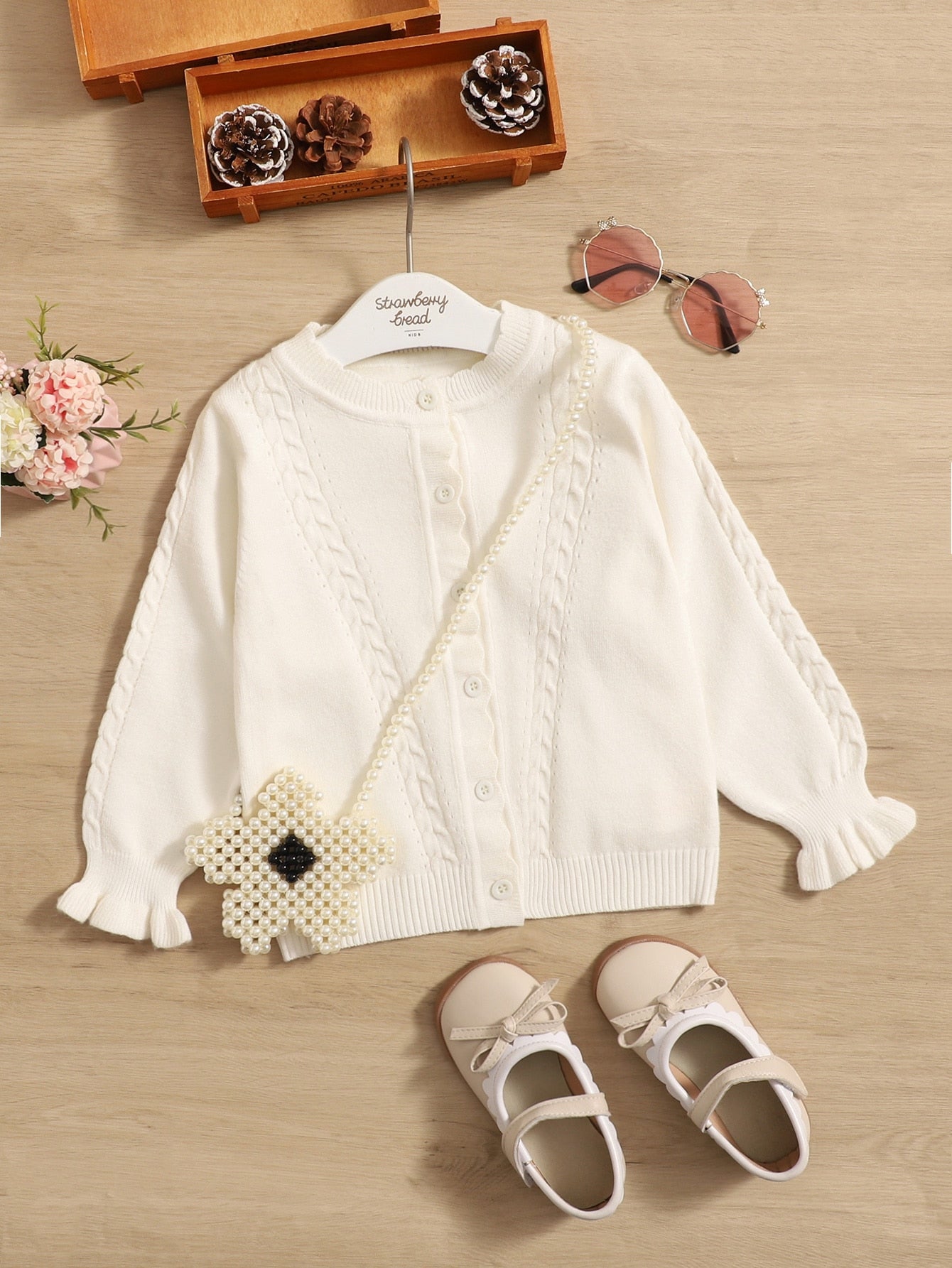 Young Girl Flounce Cuff Cable Knit Cardigan