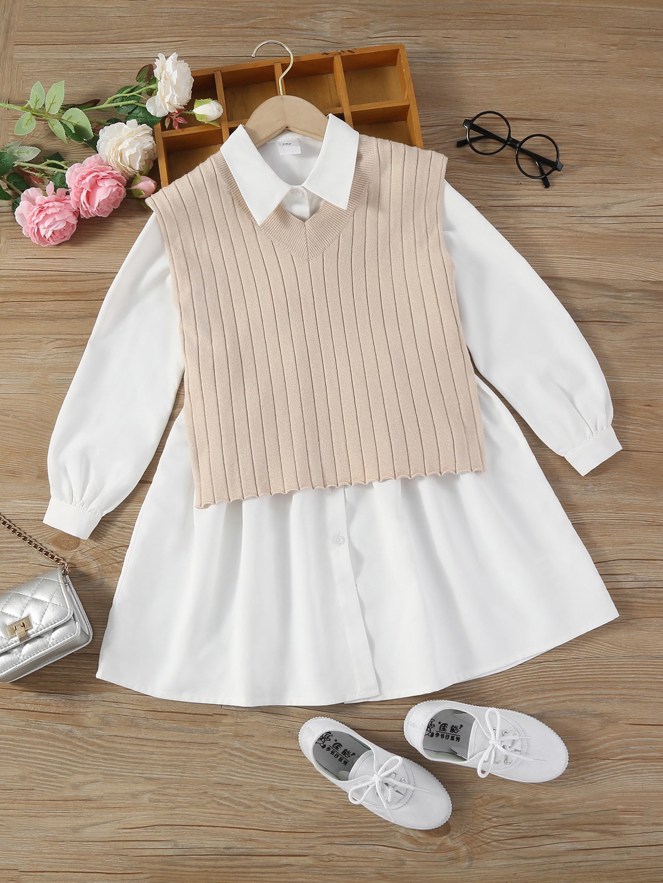 Tween Girl Bishop Sleeve Shirt Dress & Slit Side Sweater Vest