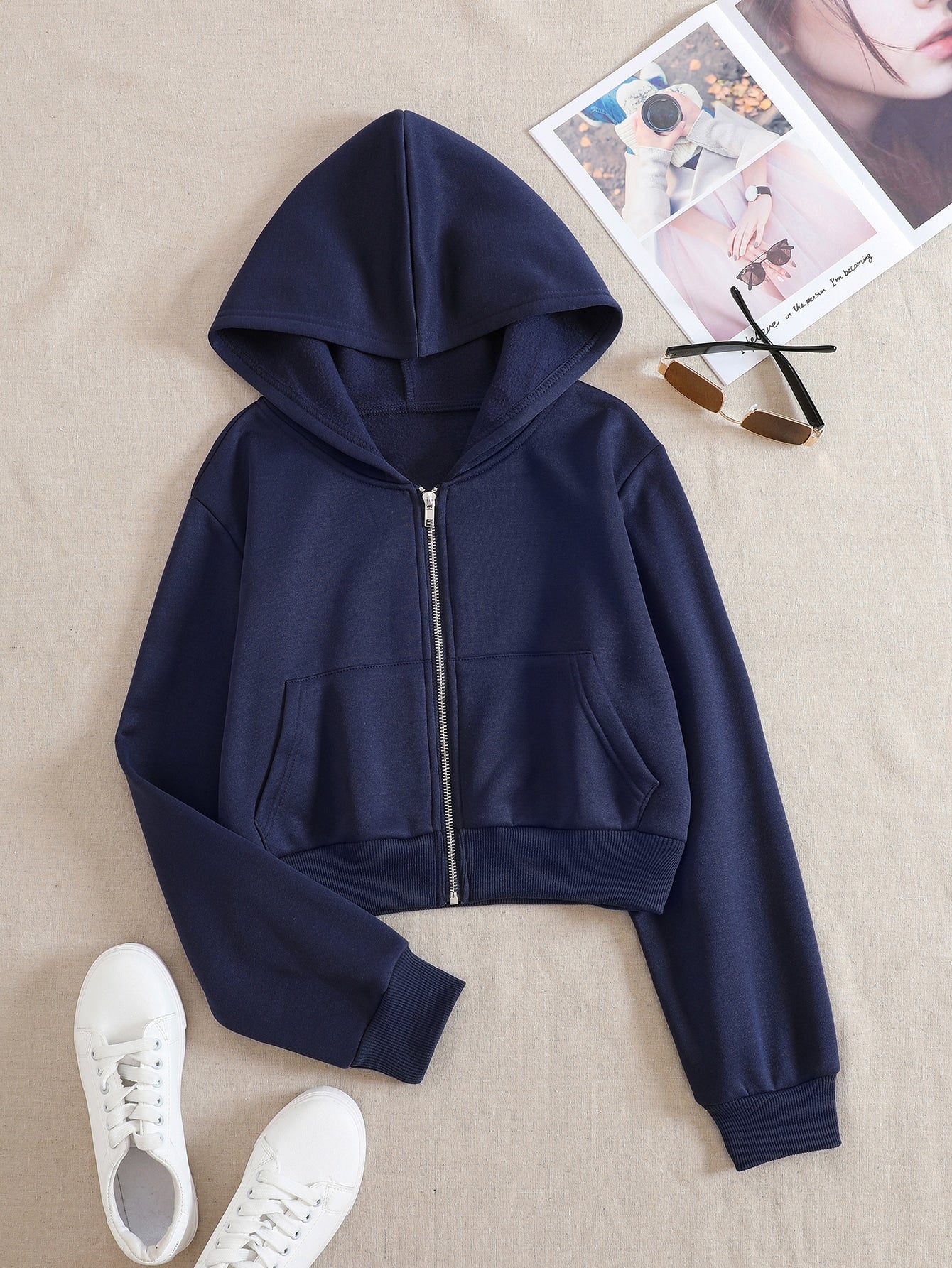 Solid Zip Up Drop Shoulder Thermal Lined Crop Hoodie