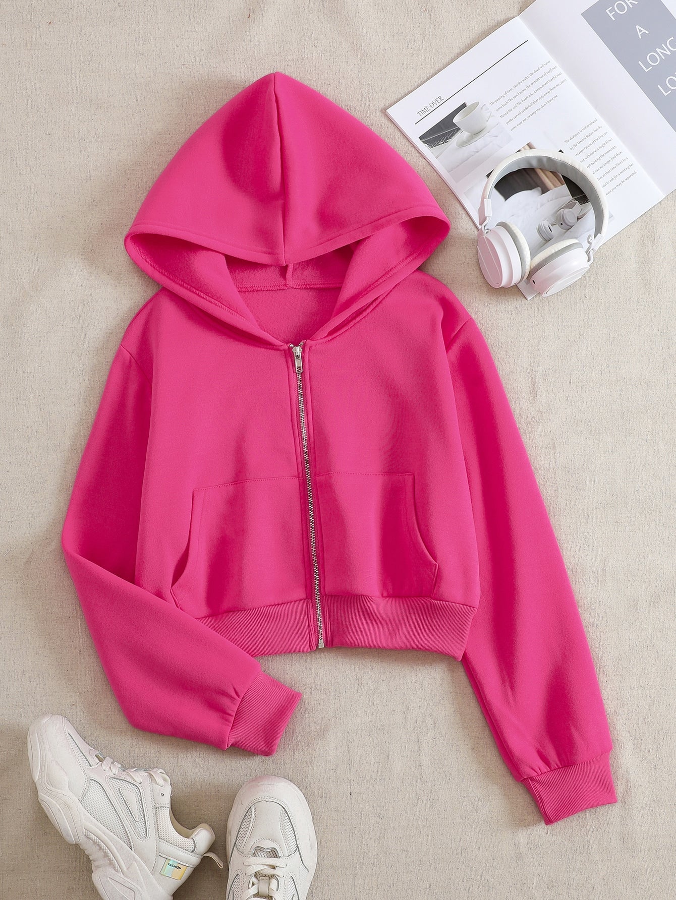 Solid Zip Up Drop Shoulder Thermal Lined Crop Hoodie