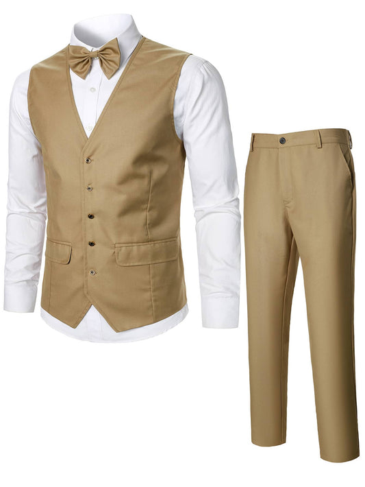 Men Button Front Vest Blazer & Tailored Pants & Bow Tie