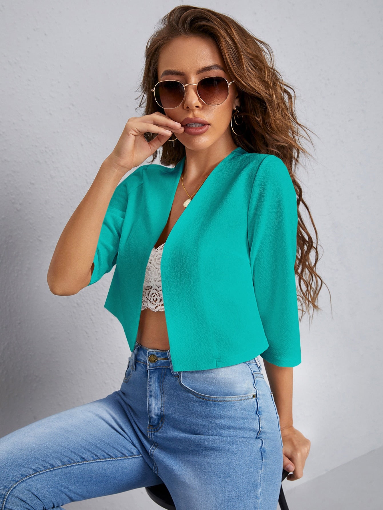 Solid Open Front Crop Women Blazer