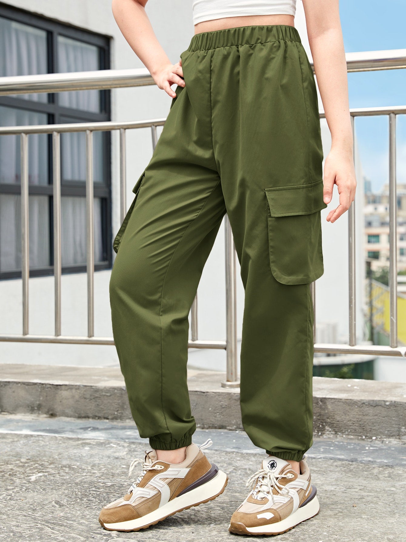 Teen Girl Casual Solid Color High Waisted Cargo Pants, Suitable For Spring, Summer And Autumn