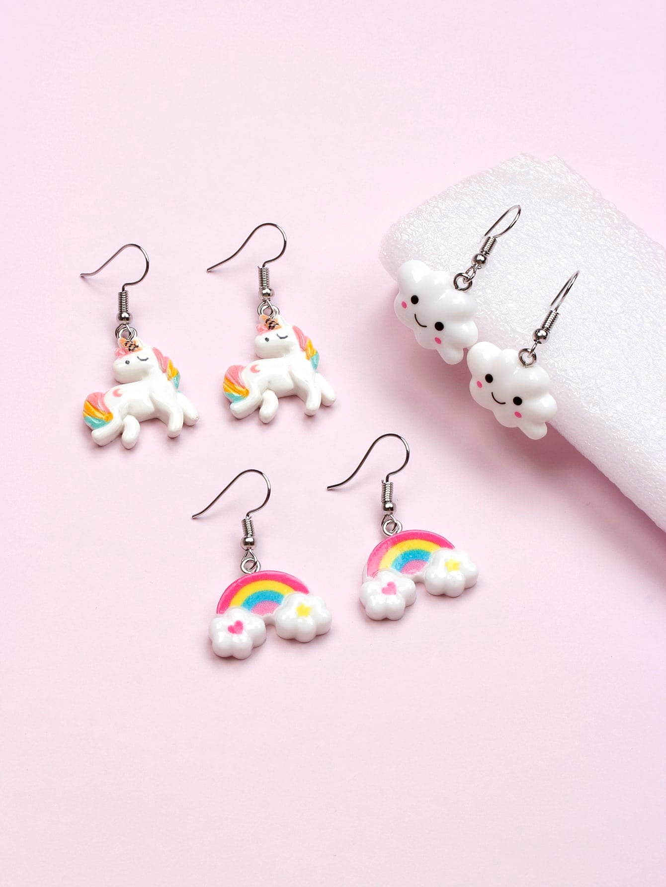 3pairs/set Girls Rainbow & Unicorn Decor Drop Earrings