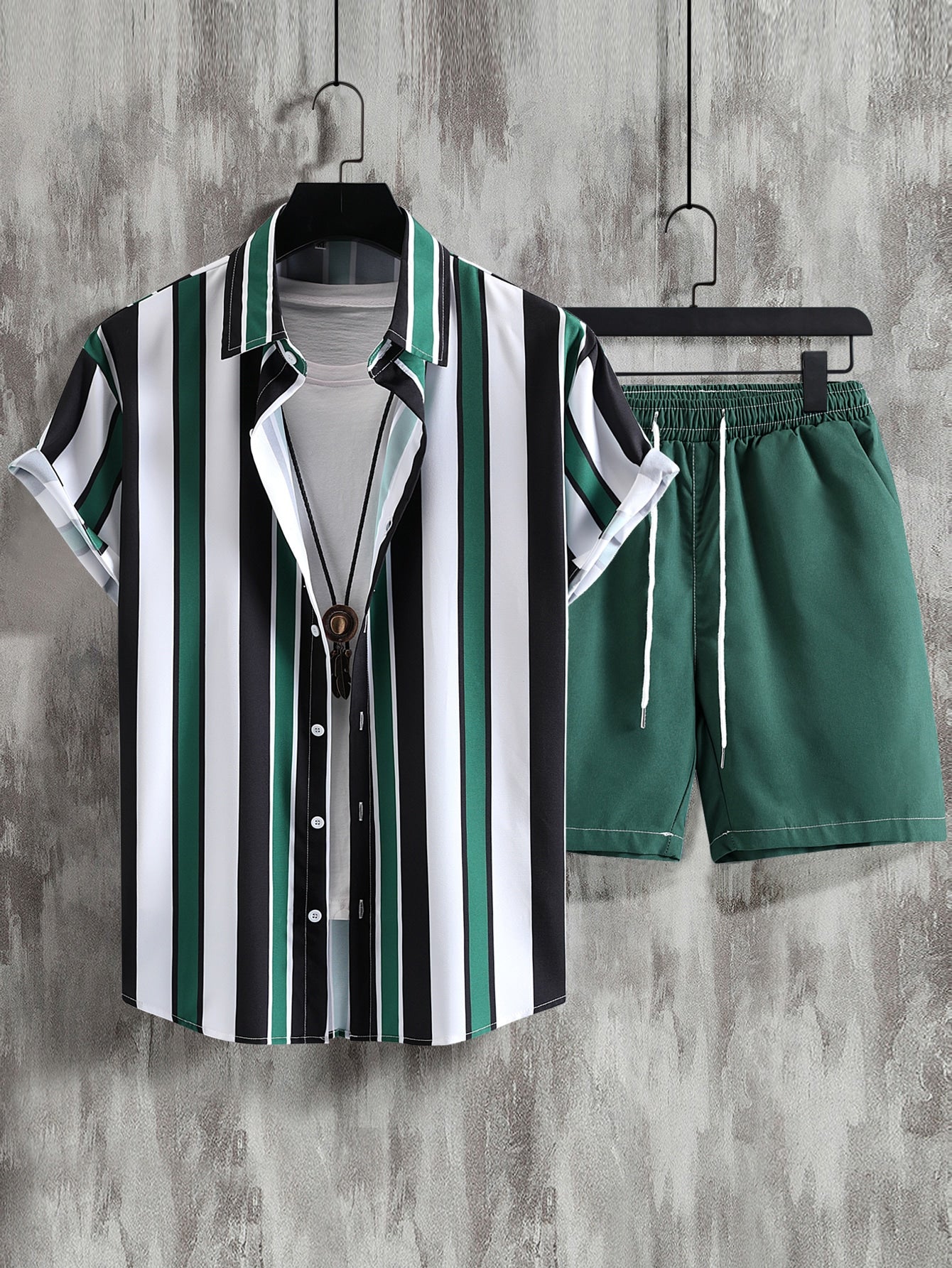 Men Striped Shirt & Drawstring Waist Shorts Without Tee