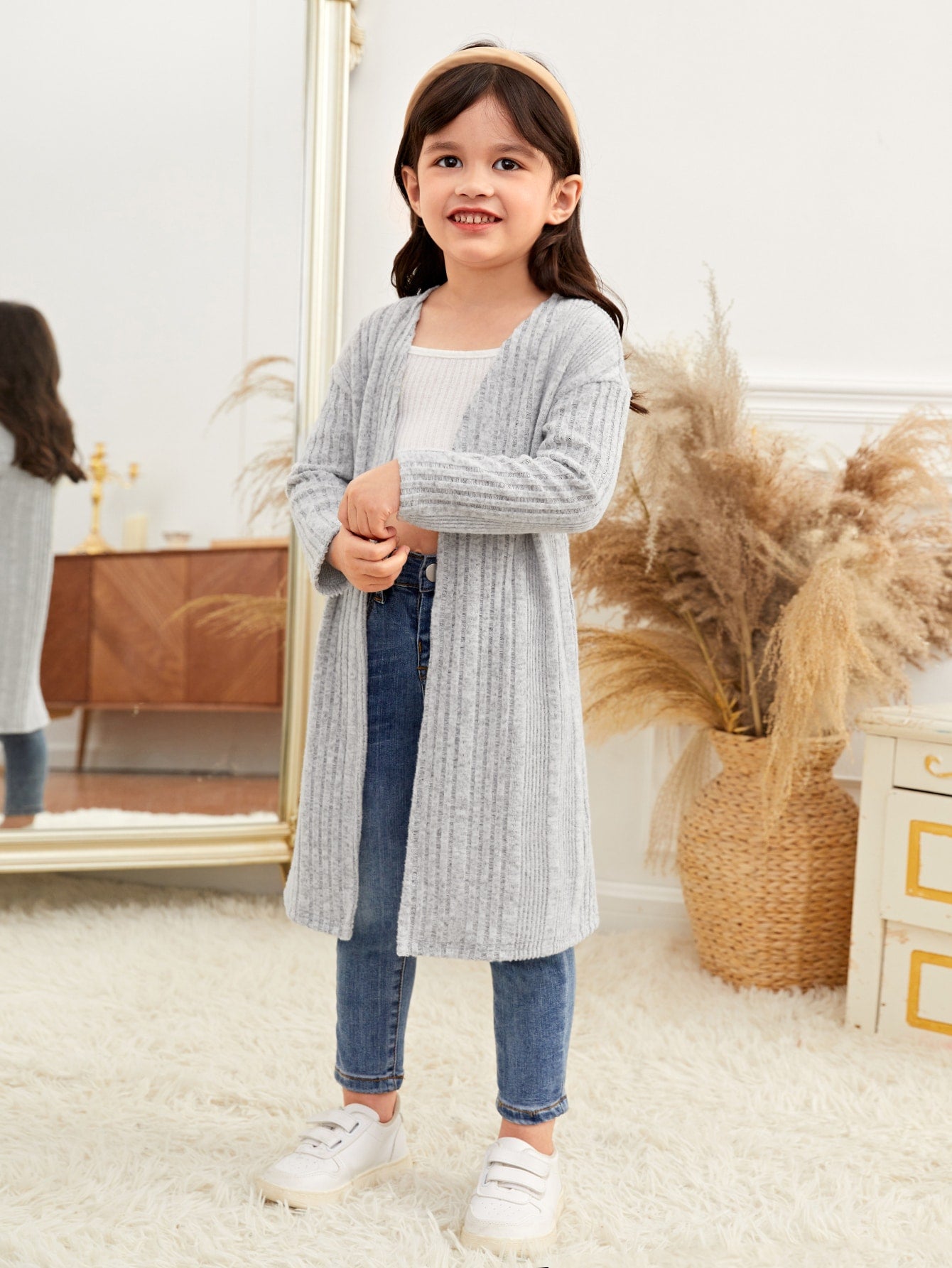 Young Girl Drop Shoulder Ribbed Knit Open Front Coat