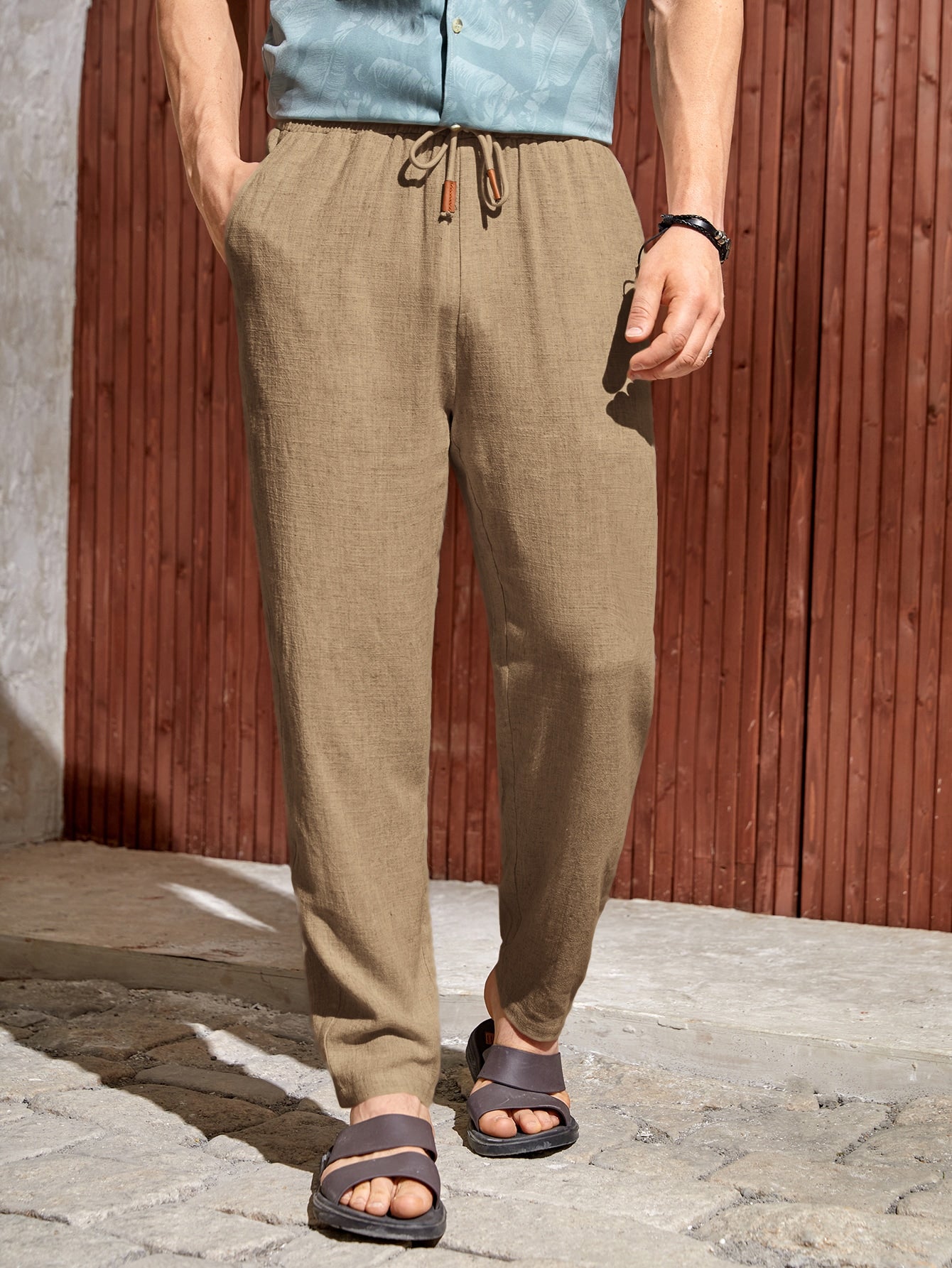 Modomio Men Solid Drawstring Waist Pants Tapered Long Slacks Linen Cool Plain Going Out