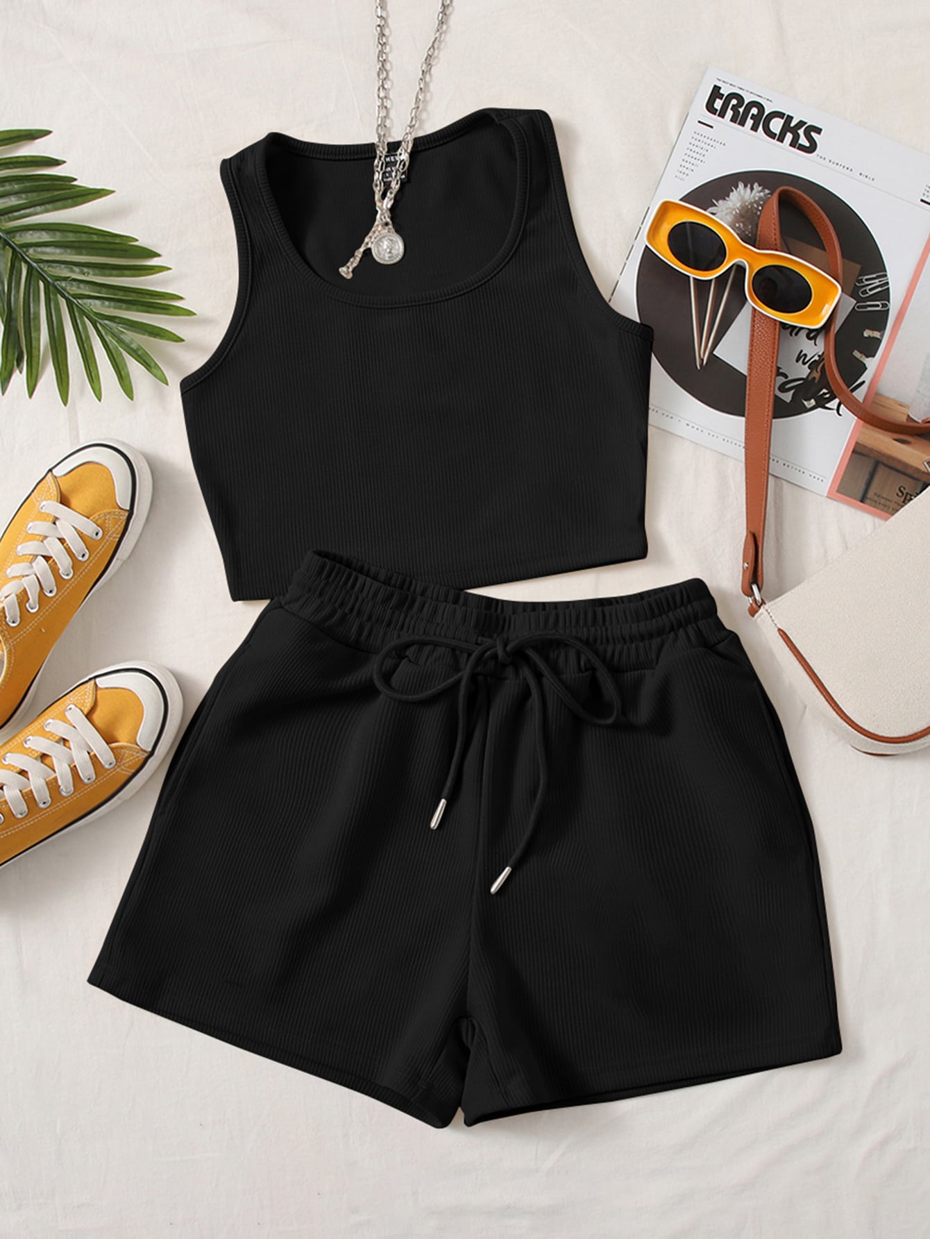 Scoop Neck Tank Top And Track Shorts Two Piece