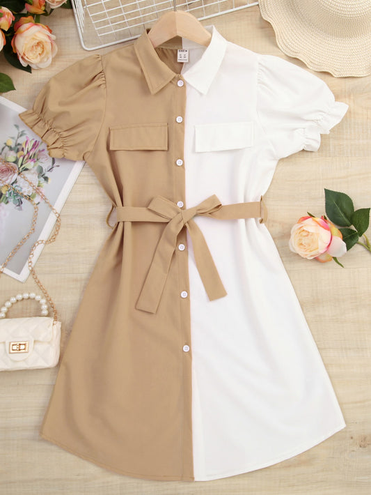 Tween Girl Two Tone Puff Sleeve Flap Detail Belted Shirt Dress