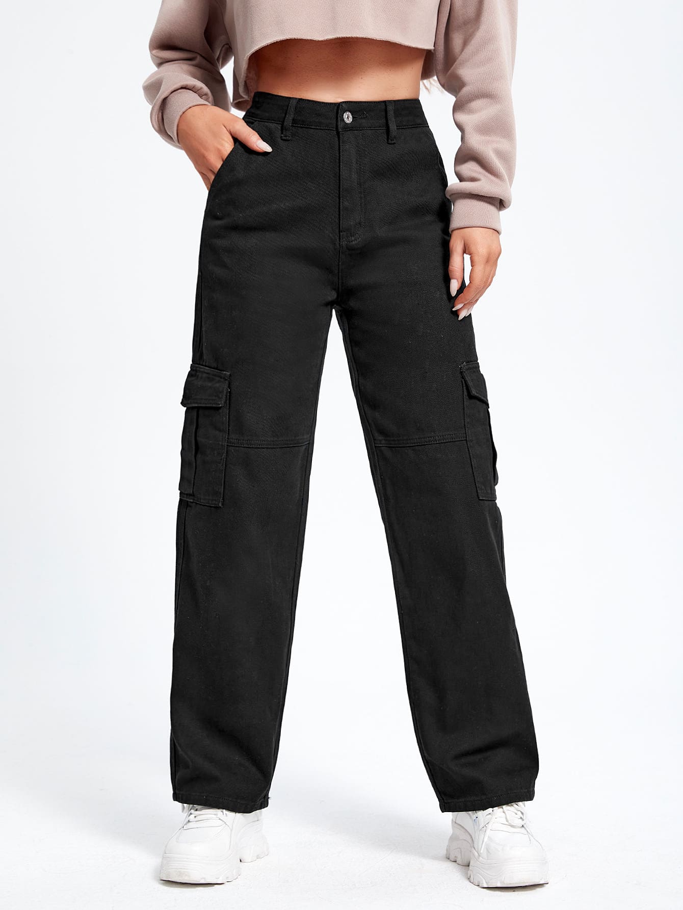 Solid Color Cargo Denim Pants