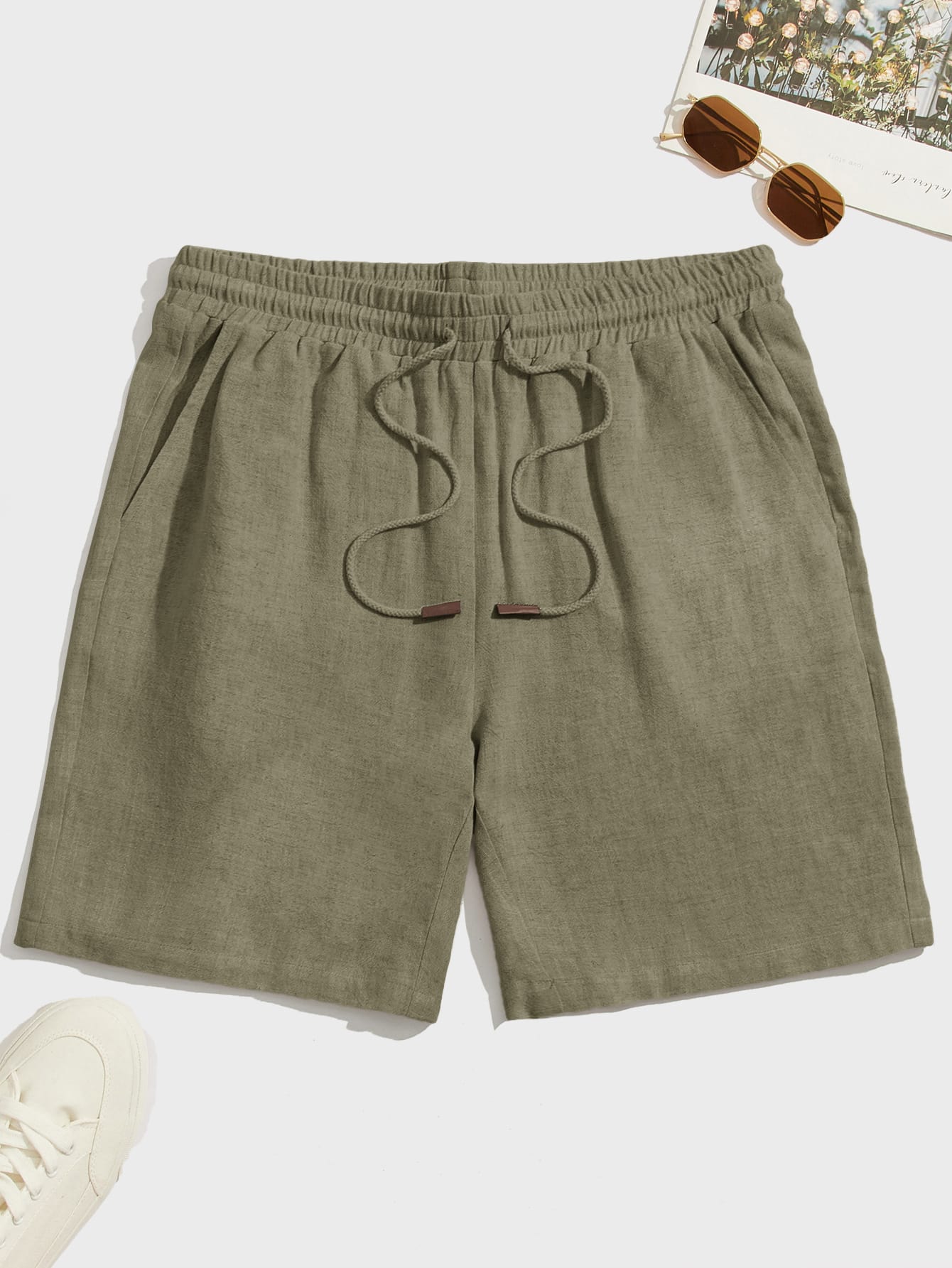 Men Summer Casual Plain Color Drawstring Waist Shorts