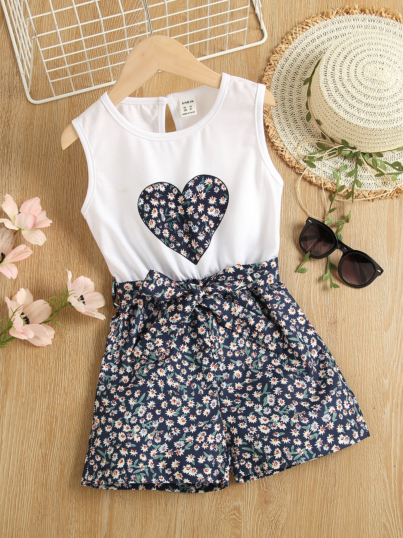 Young Girl Ditsy Floral & Heart Print Belted Romper