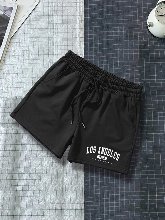 Men Letter Graphic Drawstring Waist Shorts Sweat Los Angeles Workout Dad And Me